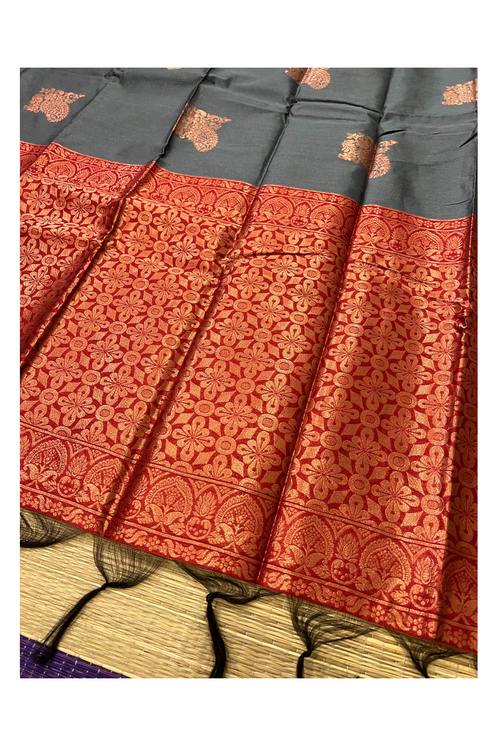 Southloom Grey Semi Silk Designer Saree with Copper Kasavu Woven Works on Body