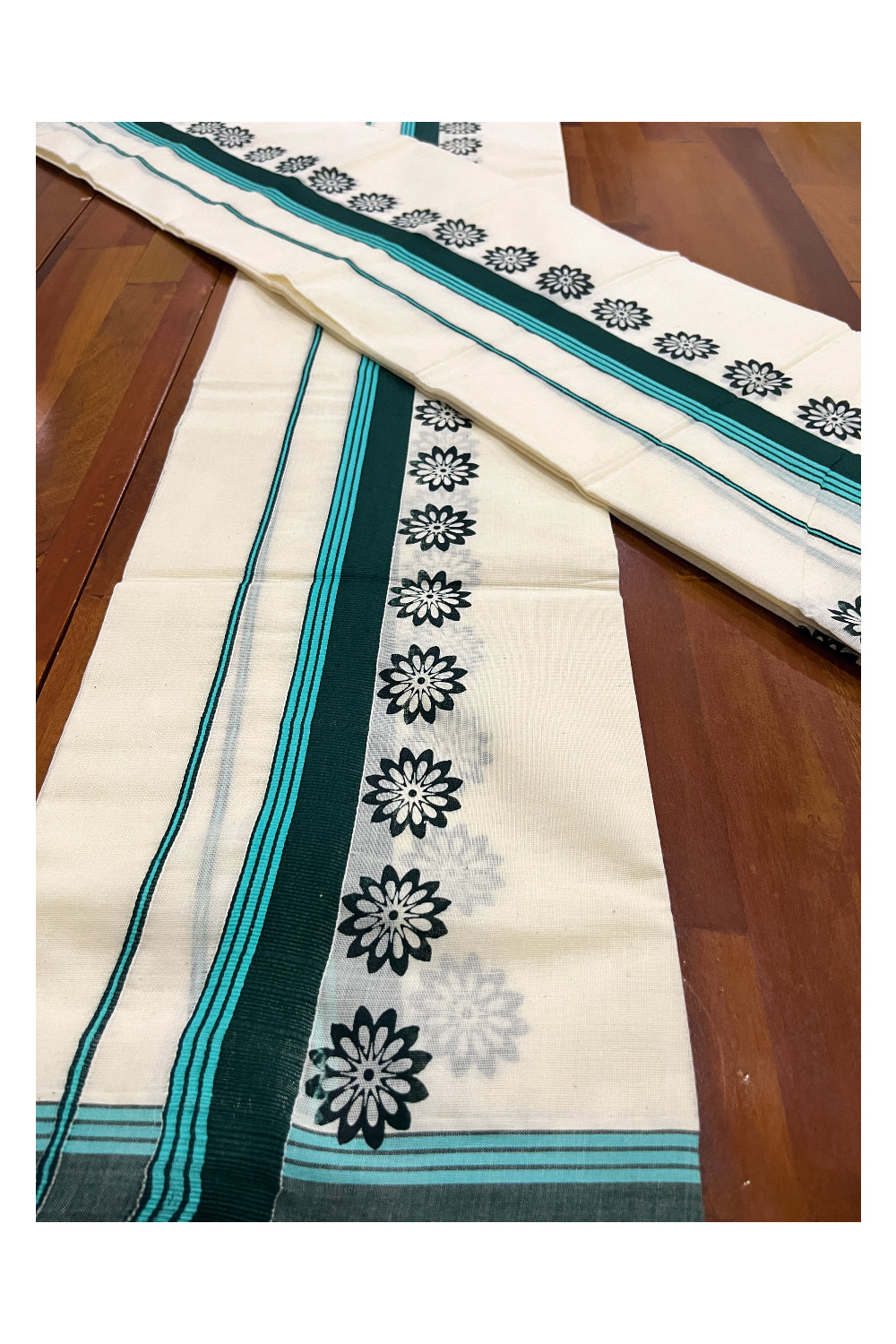 Kerala Cotton Single Set Mundu (Mundum Neriyathum) with Green Blue Floral Block Prints on Border