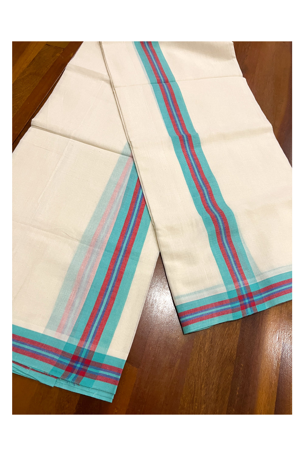 Kerala Cotton Mulloth Mundum Neriyathum Single (Set Mundu) with Turquoise and Red Border (Extra Soft Cotton)