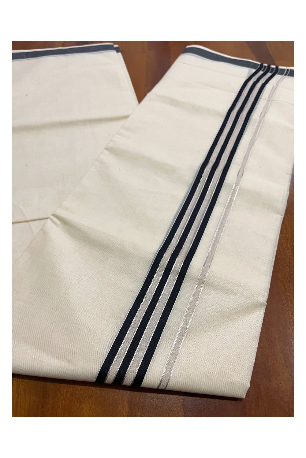 Pure Cotton Off White Double Mundu with Black and Silver Kasavu Kara (South Indian Dhoti)