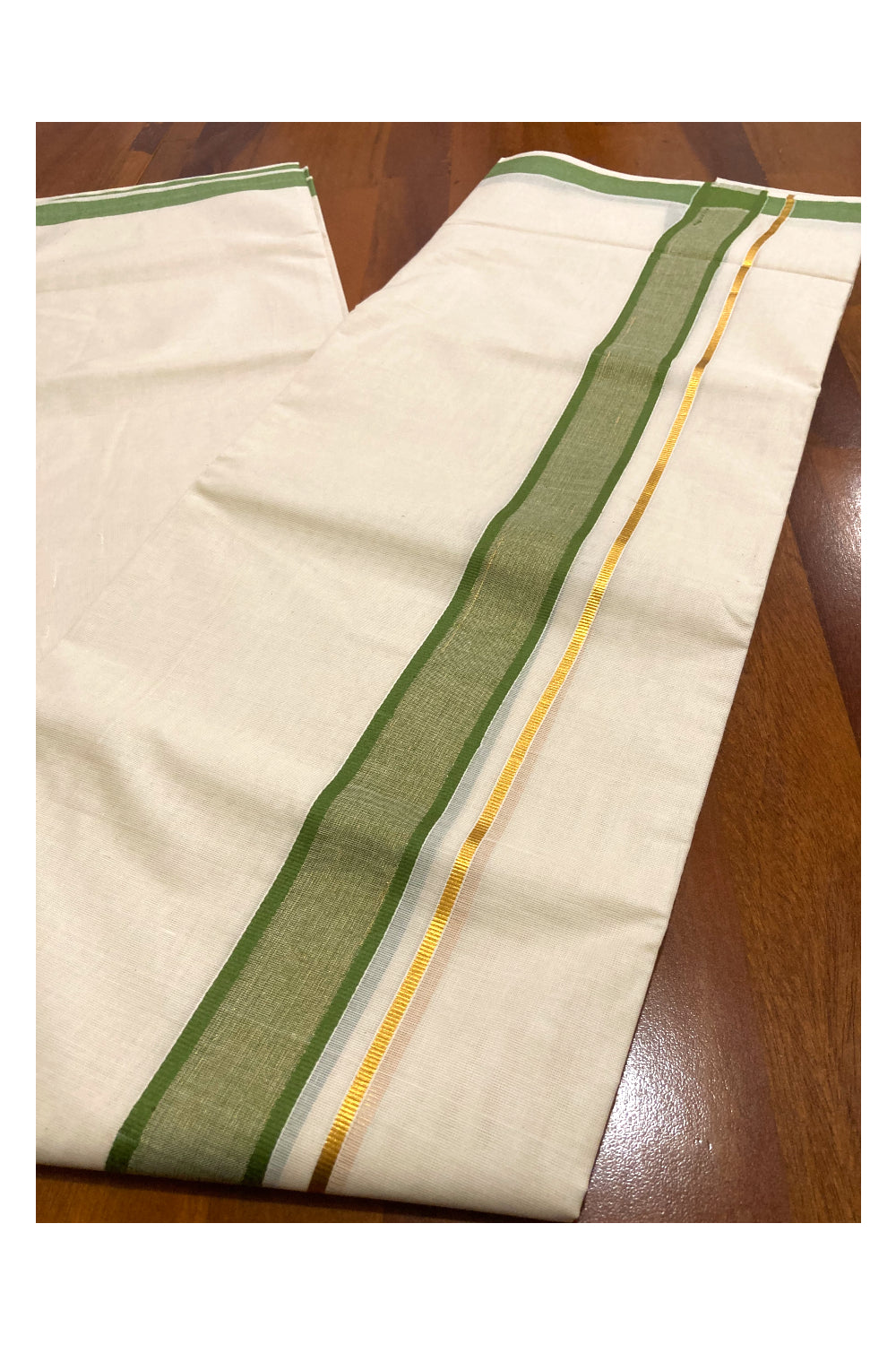 Off White Pure Cotton Double Mundu with Kasavu and Green Border (South Indian Dhoti)