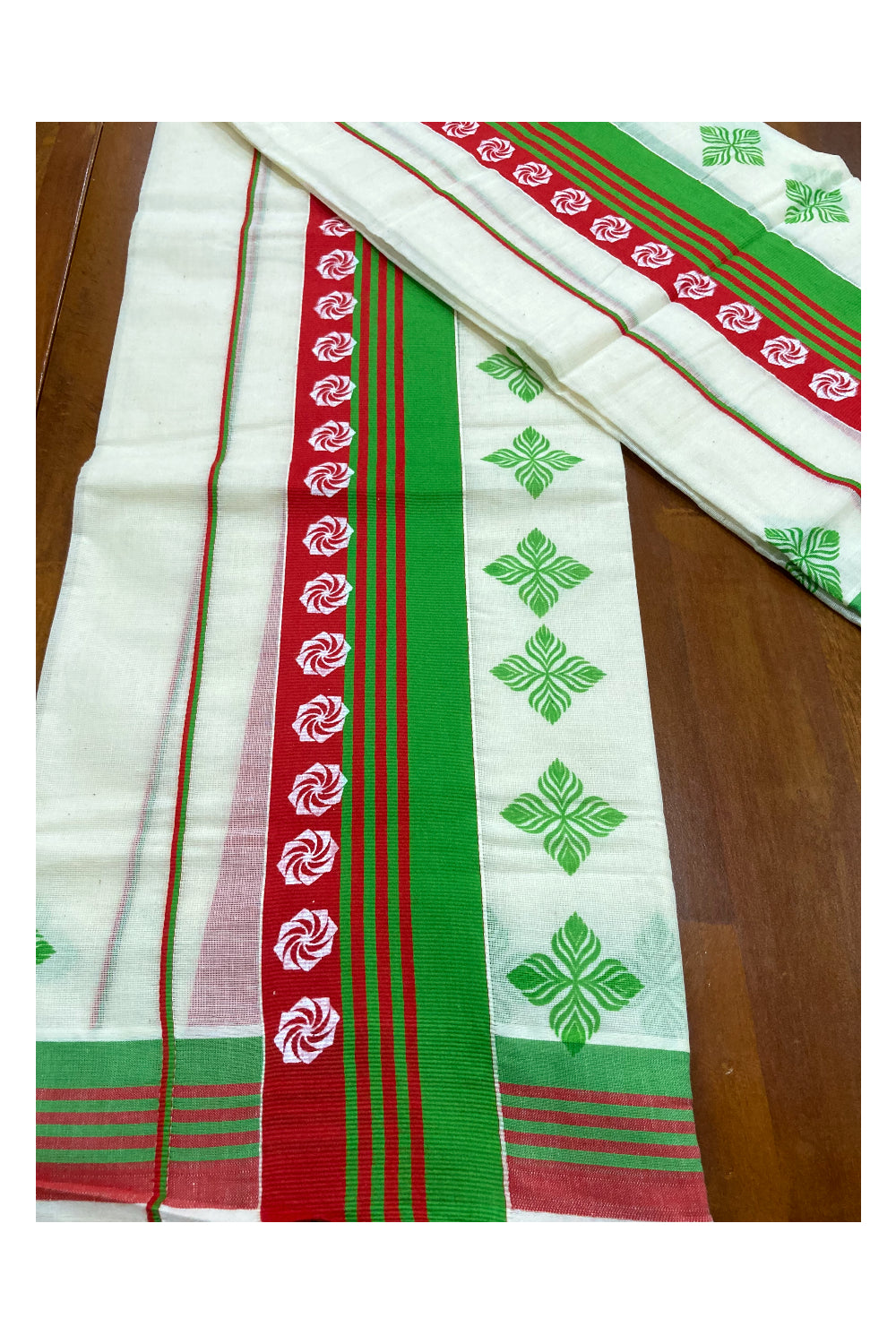 Cotton Set Mundu (Mundum Neriyathum) with Block Prints on Red and Green Border