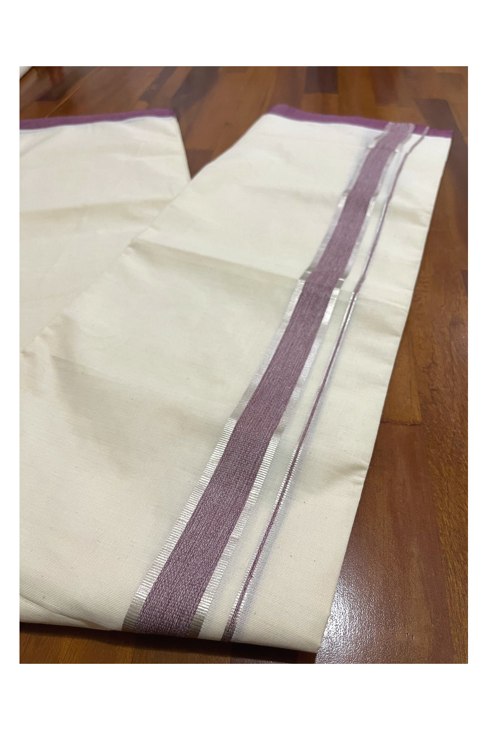 Pure Cotton Off White Double Mundu with Silver Kasavu and Purple Border (South Indian Dhoti)