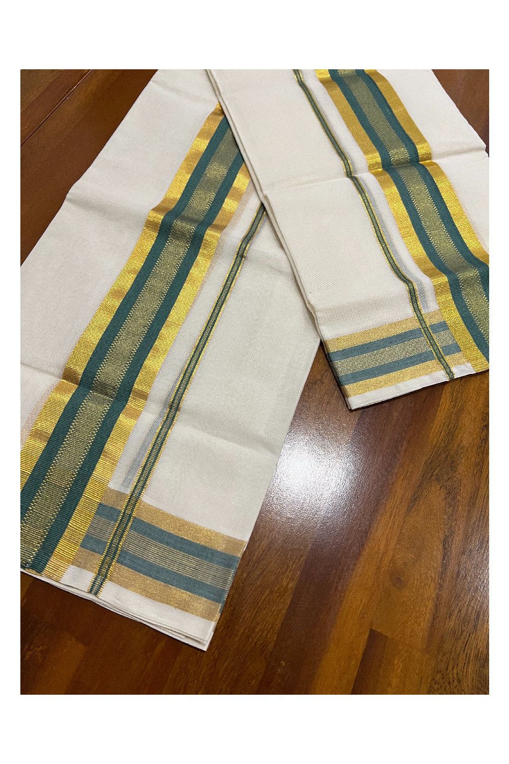 Southloom Premium Handloom Set Mundu with Kasavu and Green Border