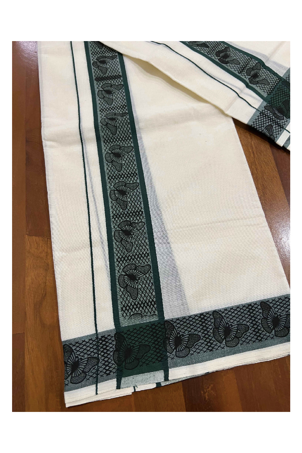 Kerala Cotton Set Mundu (Mundum Neriyathum) with Dark Green Butterfly Block Printed Border