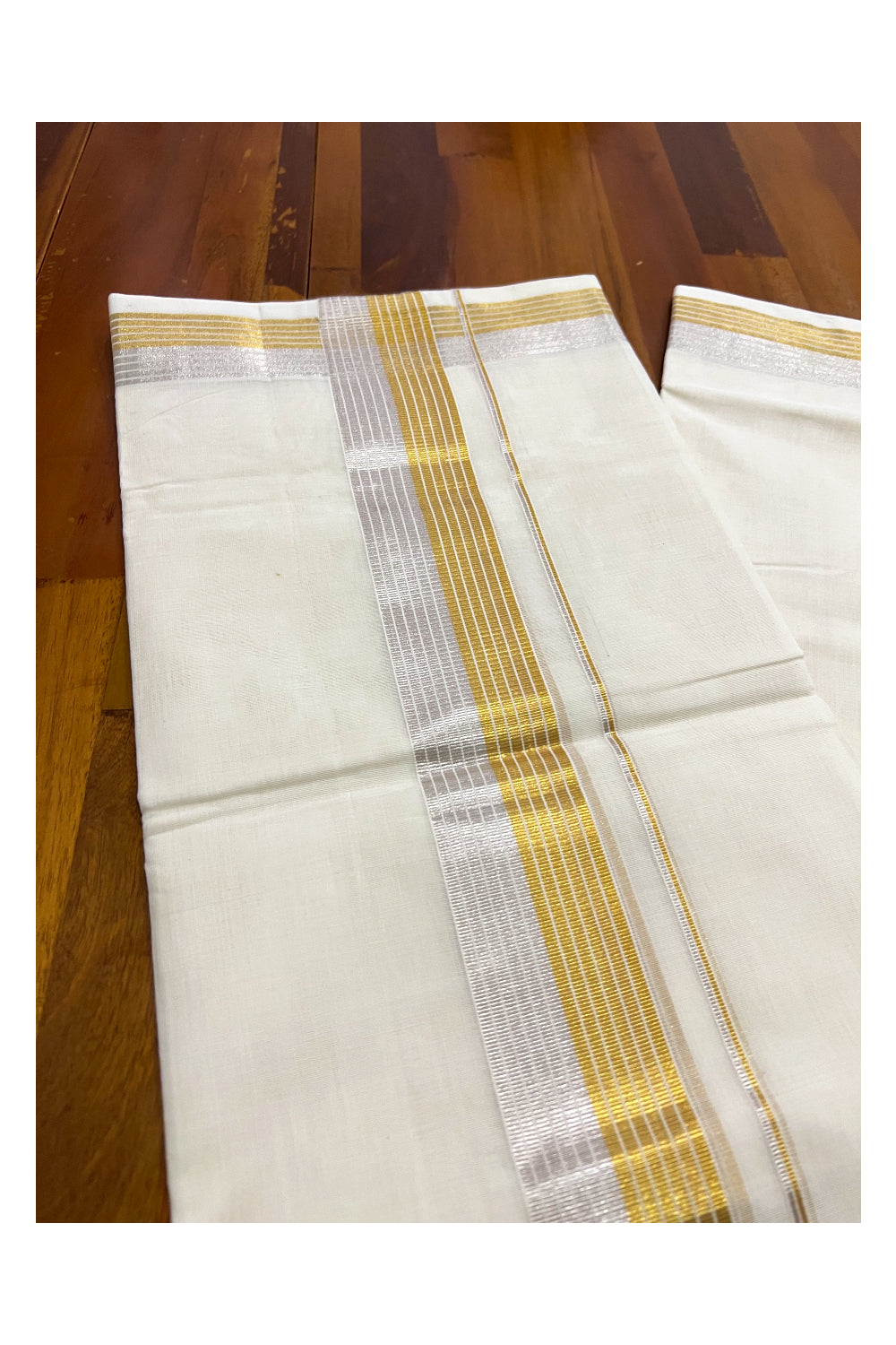 Southloom Premium Handloom Cotton Off White Mundu with Golden and Silver Kasavu Line Border (South Indian Dhoti)