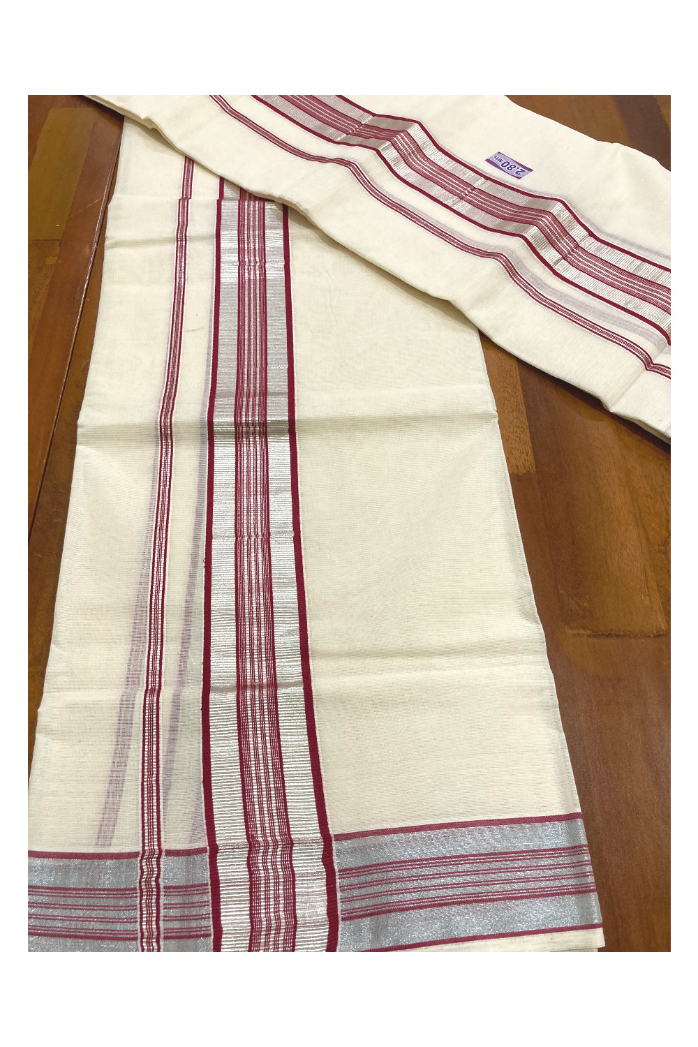 Kerala Cotton Mundum Neriyathum Single (Set Mundu) with Maroon and Silver Kasavu Border 2.80 Mtrs