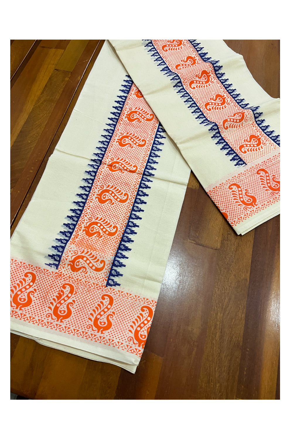 Pure Cotton Single Set Mundu (Mundum Neriyathum Vishu 2023) with Blue Temple Block Prints and Peach Border 2.80 Mtrs