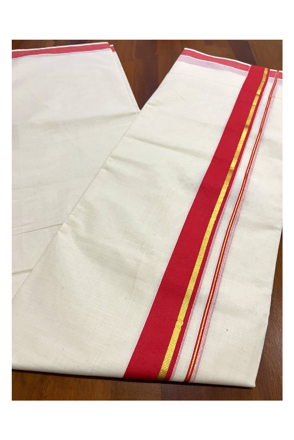 Pure Cotton Double Mundu with Kasavu Dark Orange Kara (South Indian Dhoti)