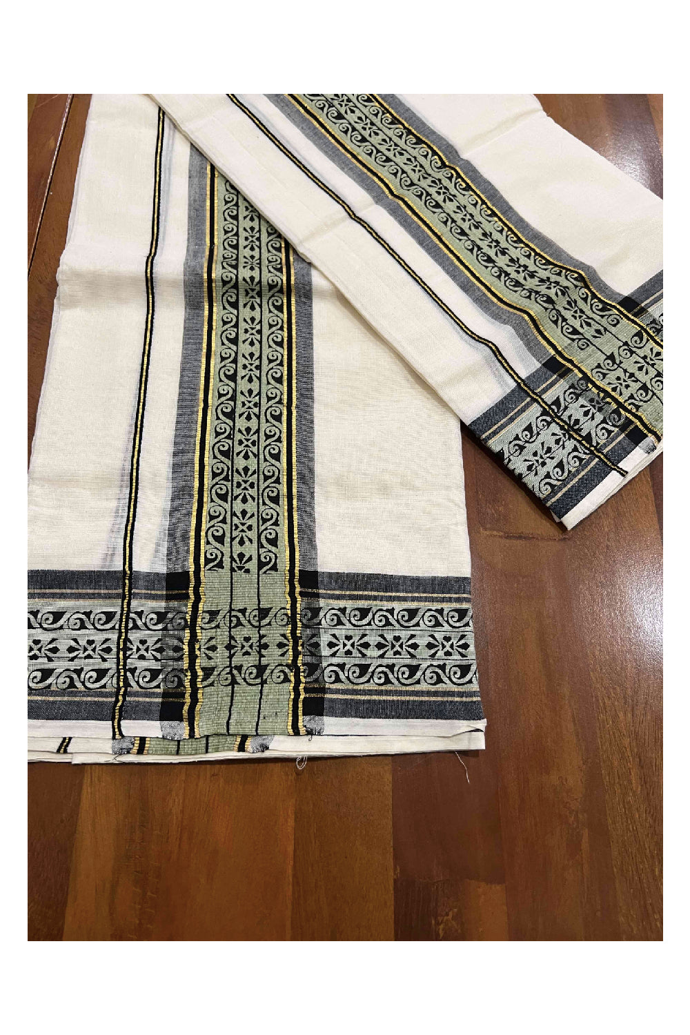 Kerala Cotton Set Mundu (Mundum Neriyathum) with Kasavu and Black Block Print Border