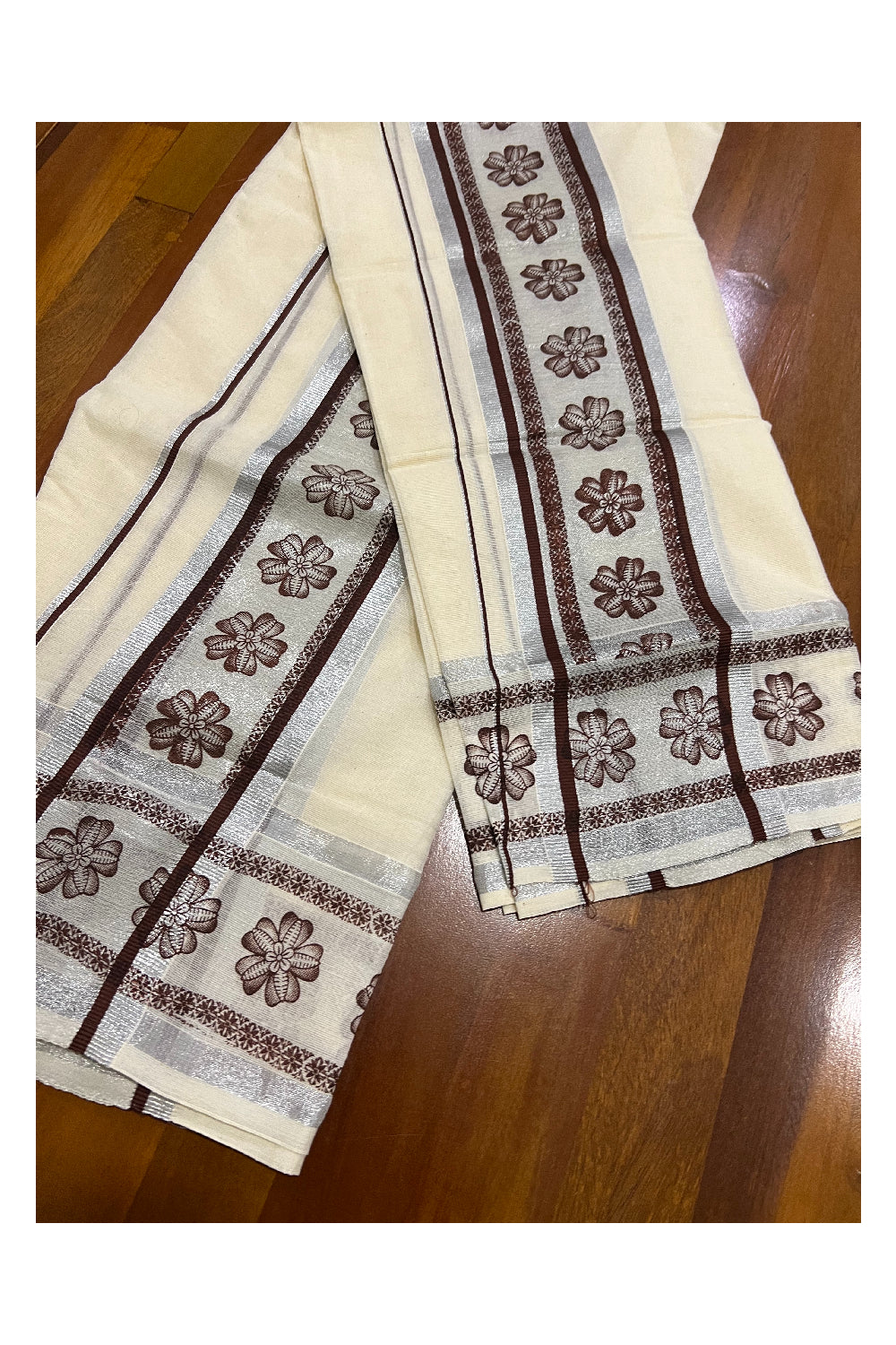 Cotton Silver Kasavu Set Mundu (Mundum Neriyathum) with Brown Floral Block Prints on Border