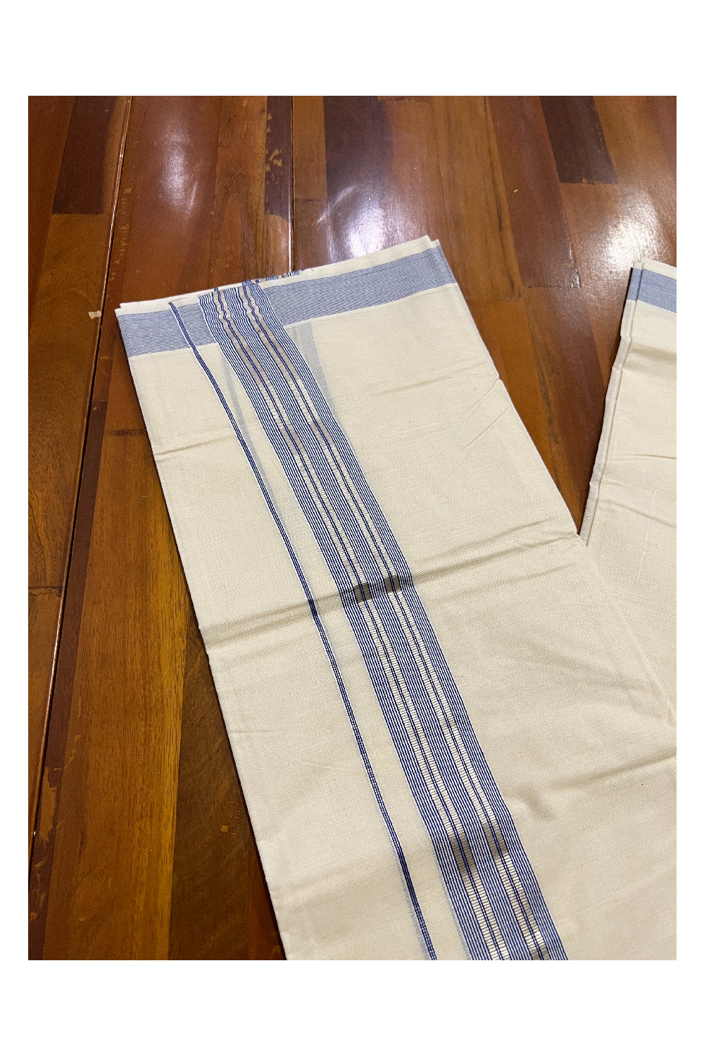 Off White Kerala Double Mundu with Silver Kasavu and Blue Line Border (South Indian Dhoti)