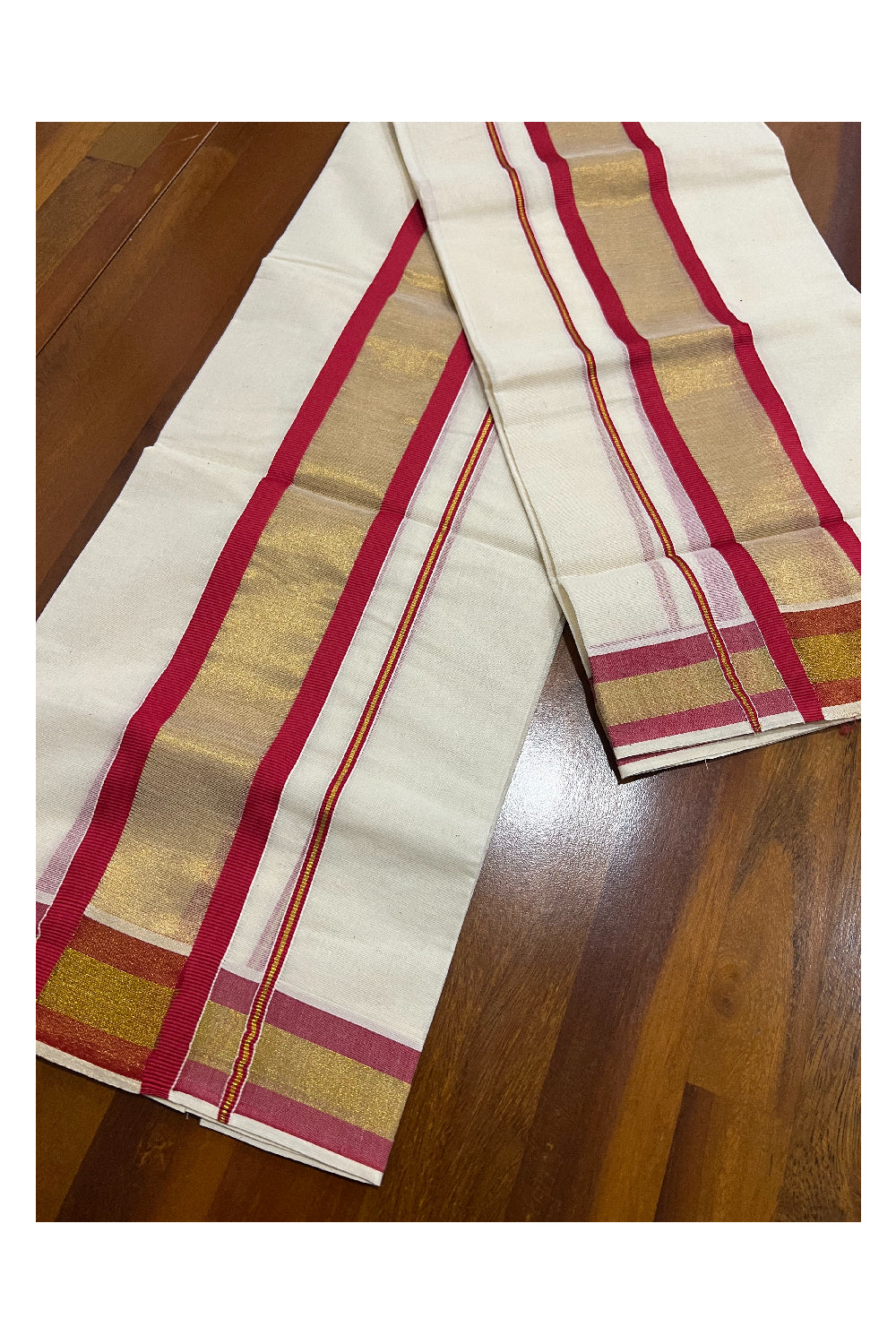 Kerala Cotton Set Mundu (Mundum Neriyathum) with Kasavu and Red Border