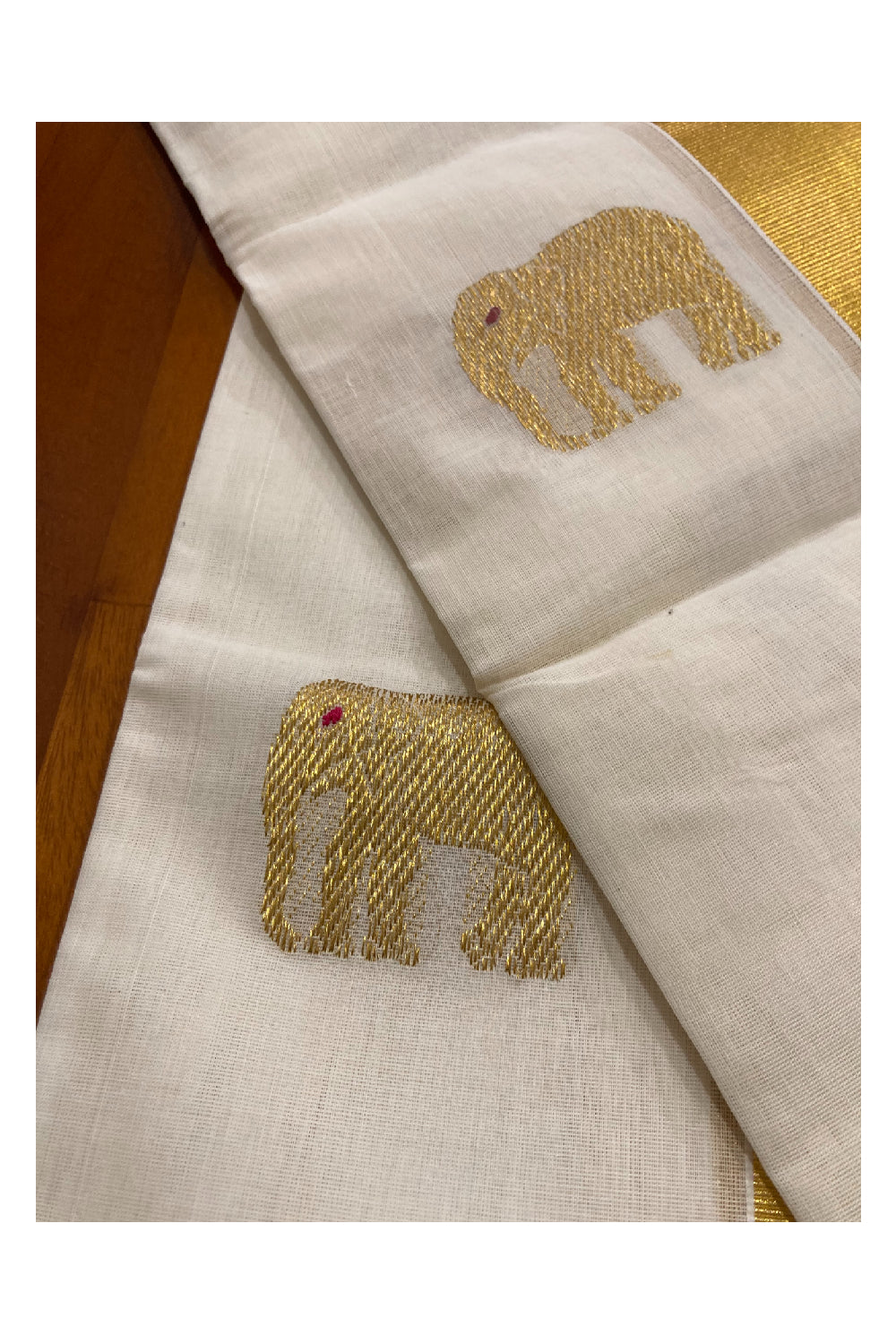 Southloom™ Handloom Kerala Kasavu Single Mundum Neriyathum (Set Mundu) with Elephant Woven Work 2.80 Mtrs