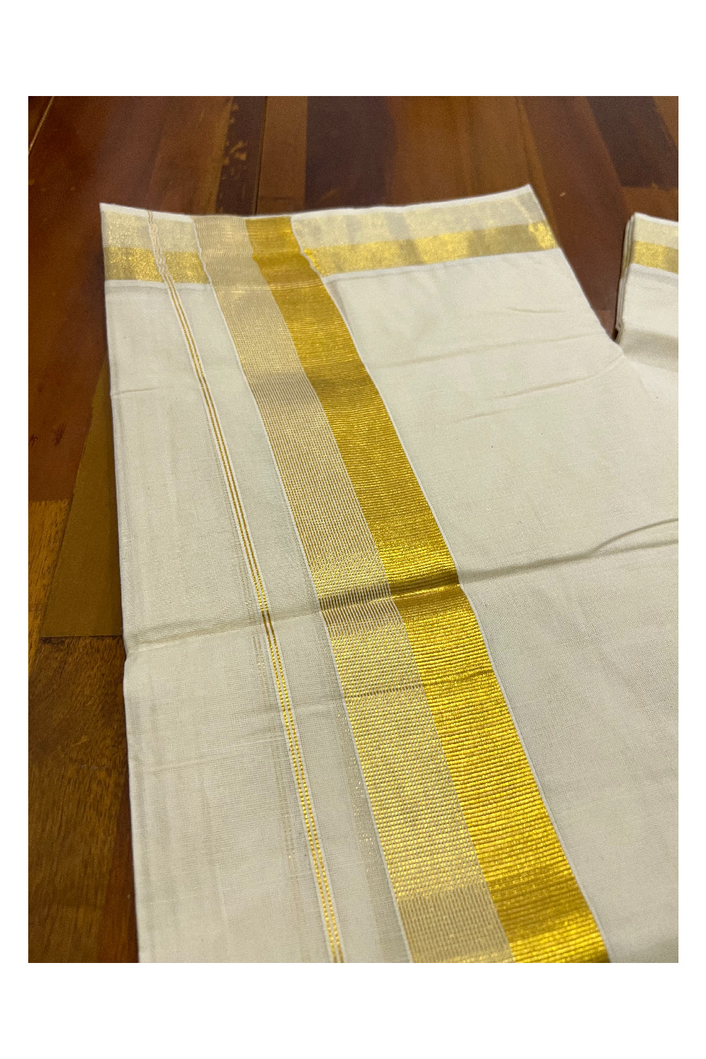 Pure Cotton Off White Double Mundu with Kasavu Lines Border (South Indian Dhoti)