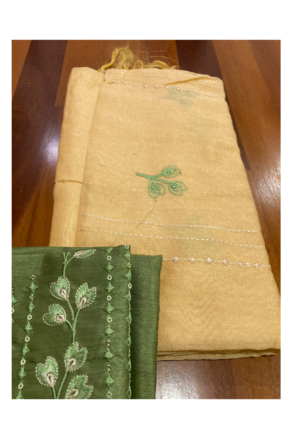 Southloom™ Semi Tussar Churidar Salwar Suit Material in Green Embroidery Design