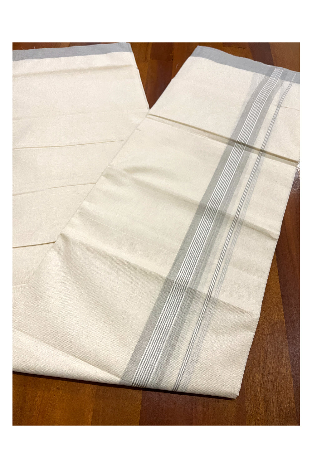 Pure Cotton Off White Double Mundu with Light Grey Kara (South Indian Dhoti)