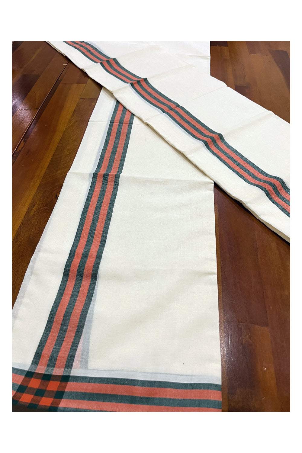 Kerala Cotton Mundum Neriyathum Single (Set Mundu) with Green and Orange Mulloth Border (Extra Soft Cotton) 2.80 Mtrs