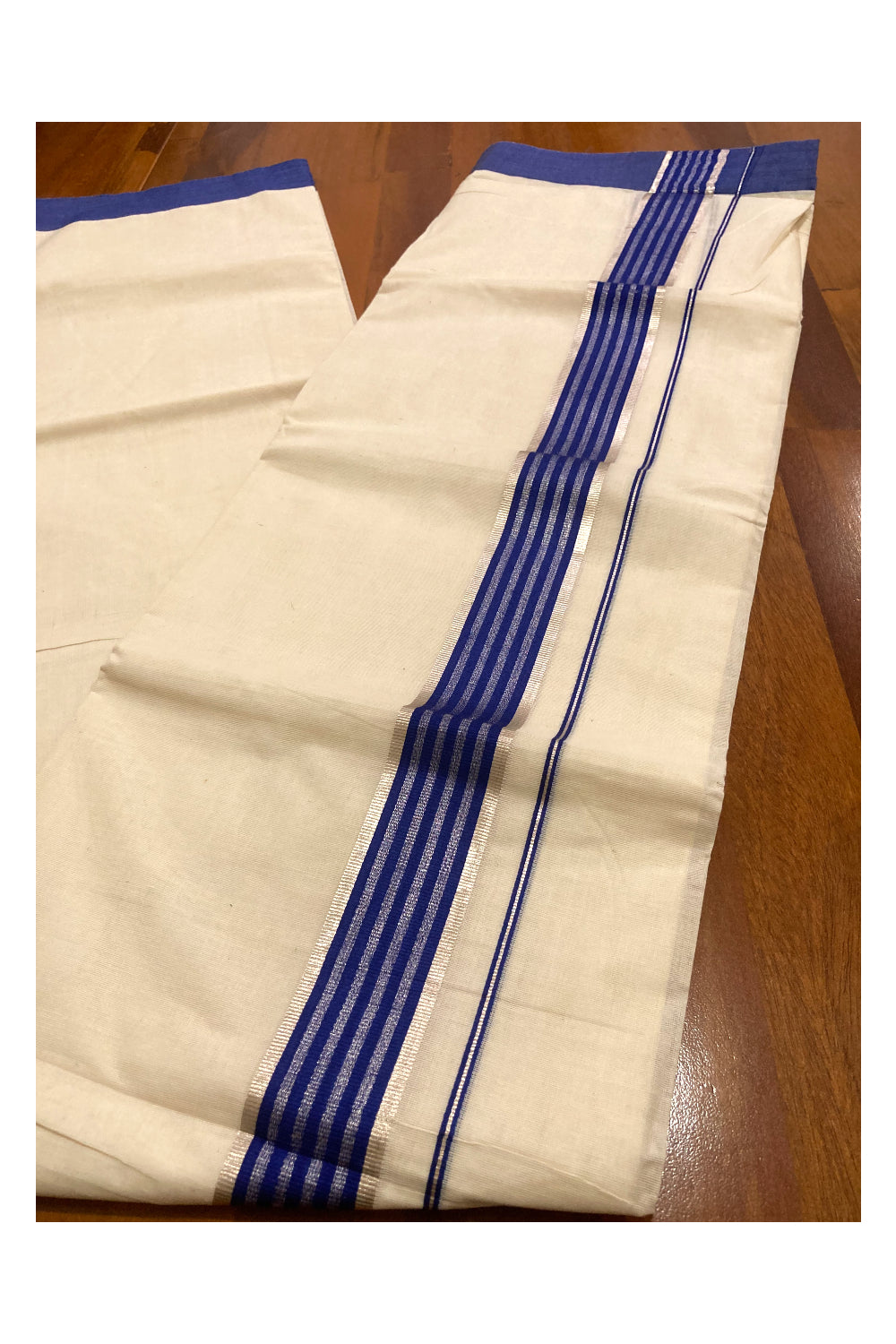 Off White Kerala Double Mundu with Blue and Silver Kasavu Lines Border (South Indian Dhoti)