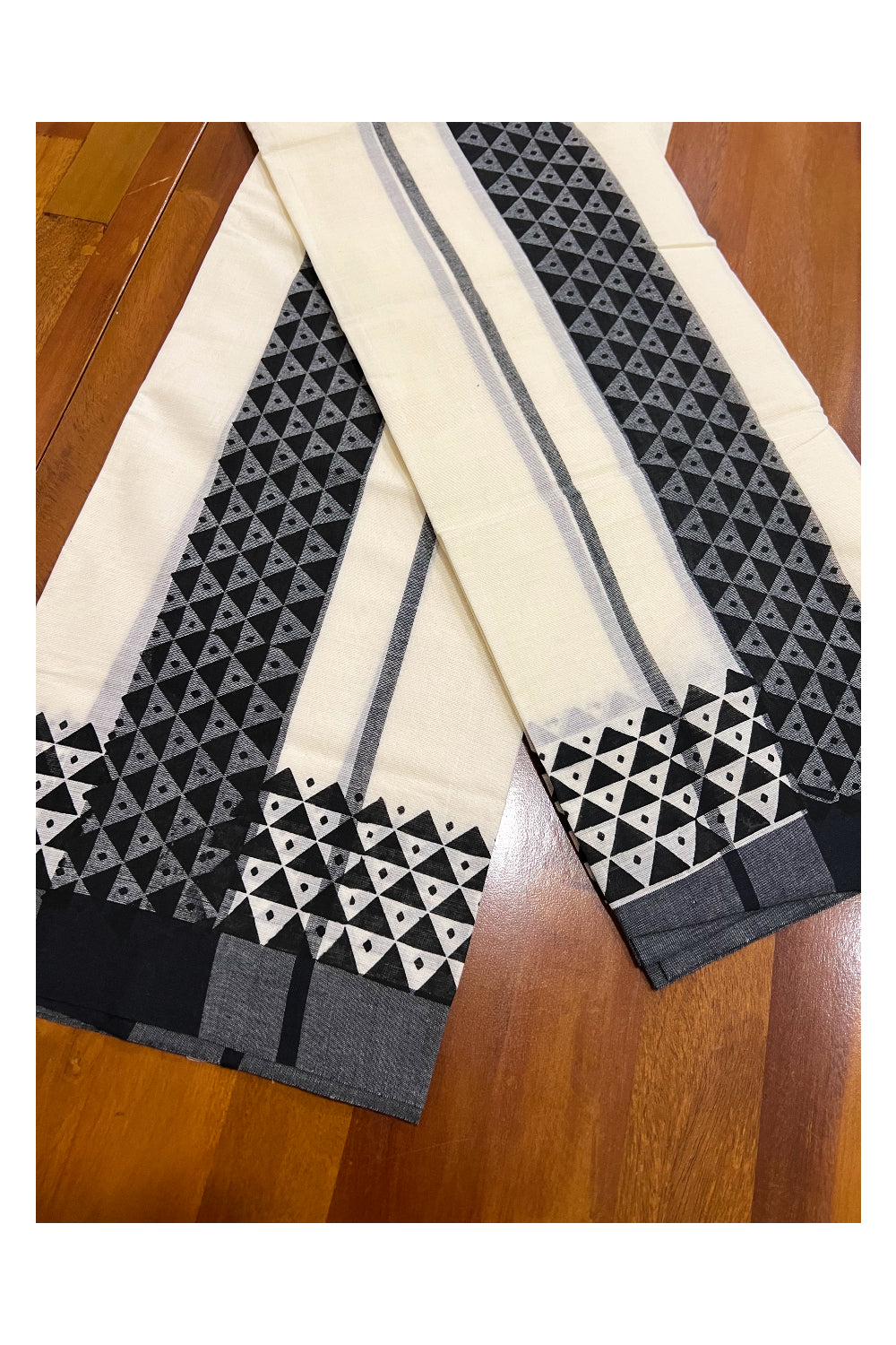 Kerala Cotton Set Mundu (Mundum Neriyathum) with Black Block Printed Border