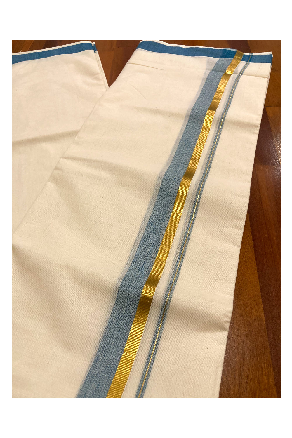 Pure Cotton Off White Double Mundu with Blue and Kasavu Border (South Indian Dhoti)