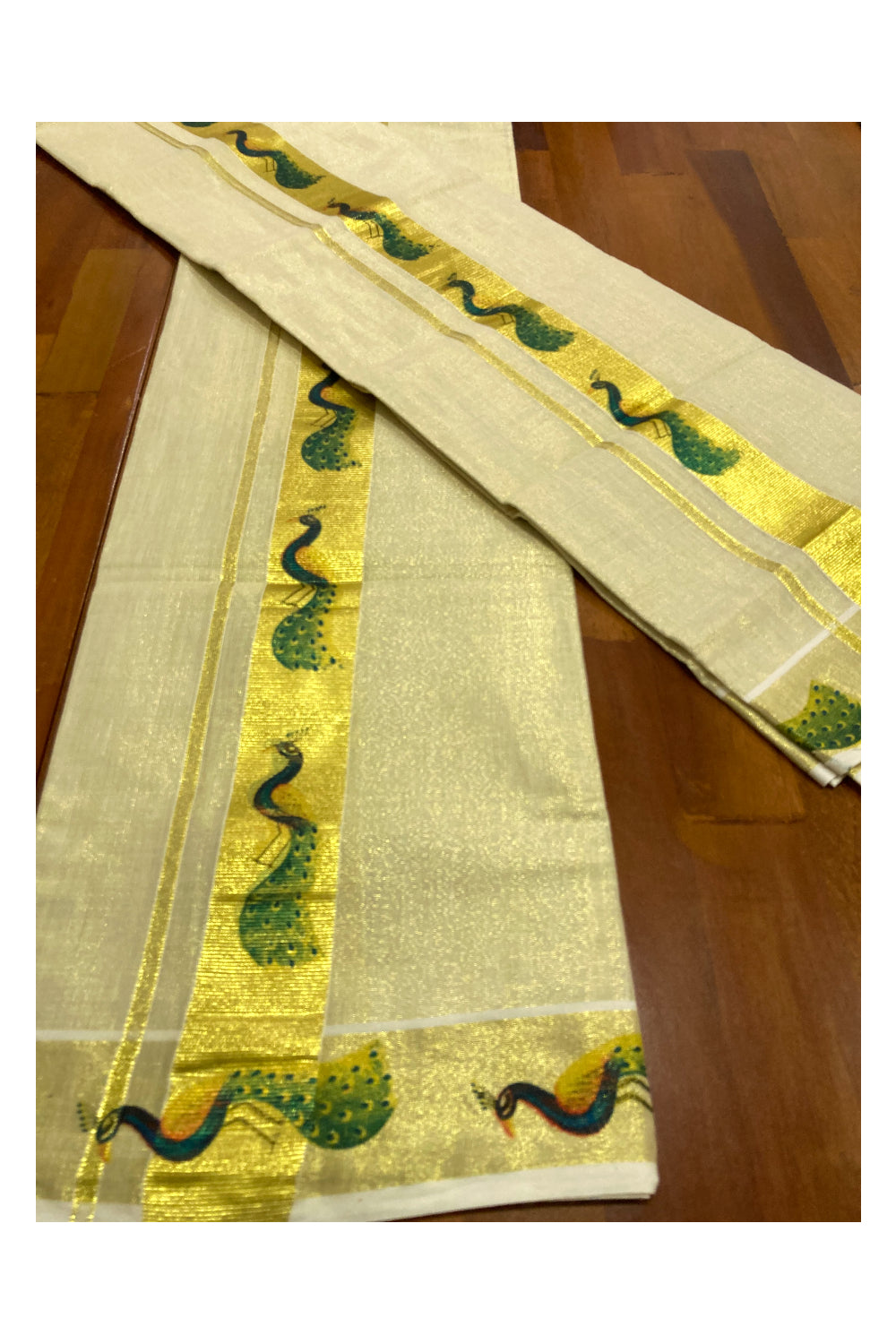 Kerala Tissue Kasavu Set Mundu (Mundum Neriyathum) with Peacock Block Printed Design 2.80 Mtrs