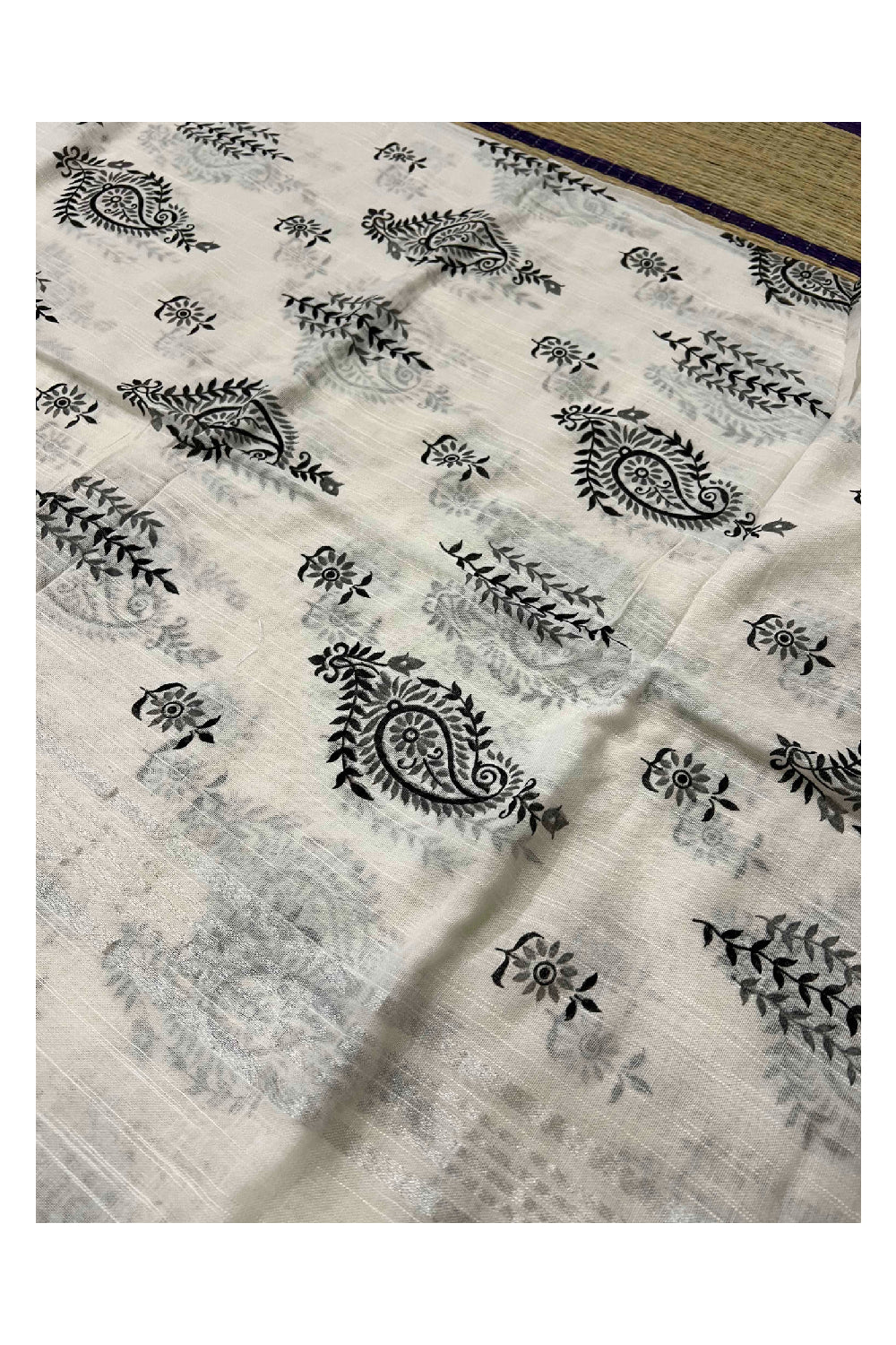 Southloom Linen Designer Saree in White and Black Printed with Tassels