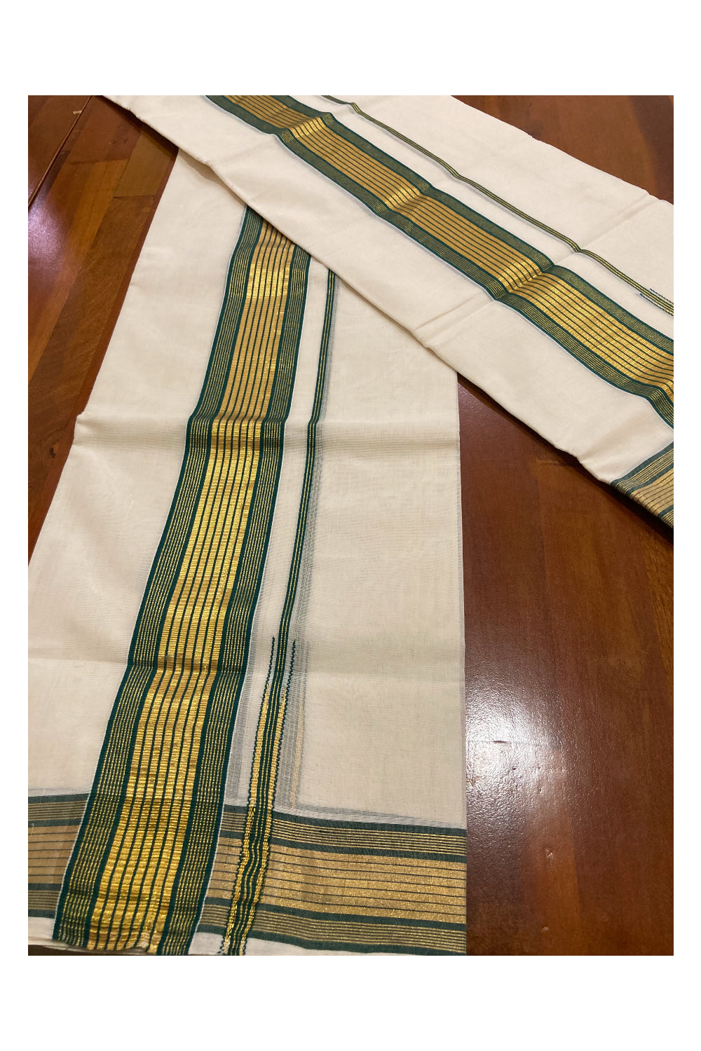 Southloom Premium Handloom Set Mundu with Kasavu and Green Border 2.80 Mtrs