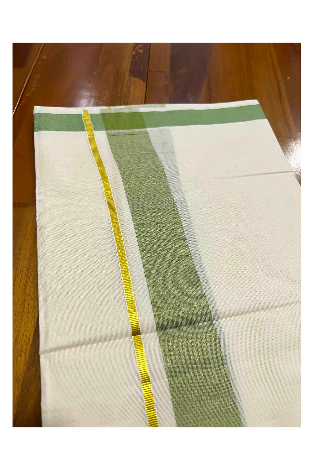 Off White Kerala Double Mundu with Green and Kasavu Line Border (South Indian Dhoti)