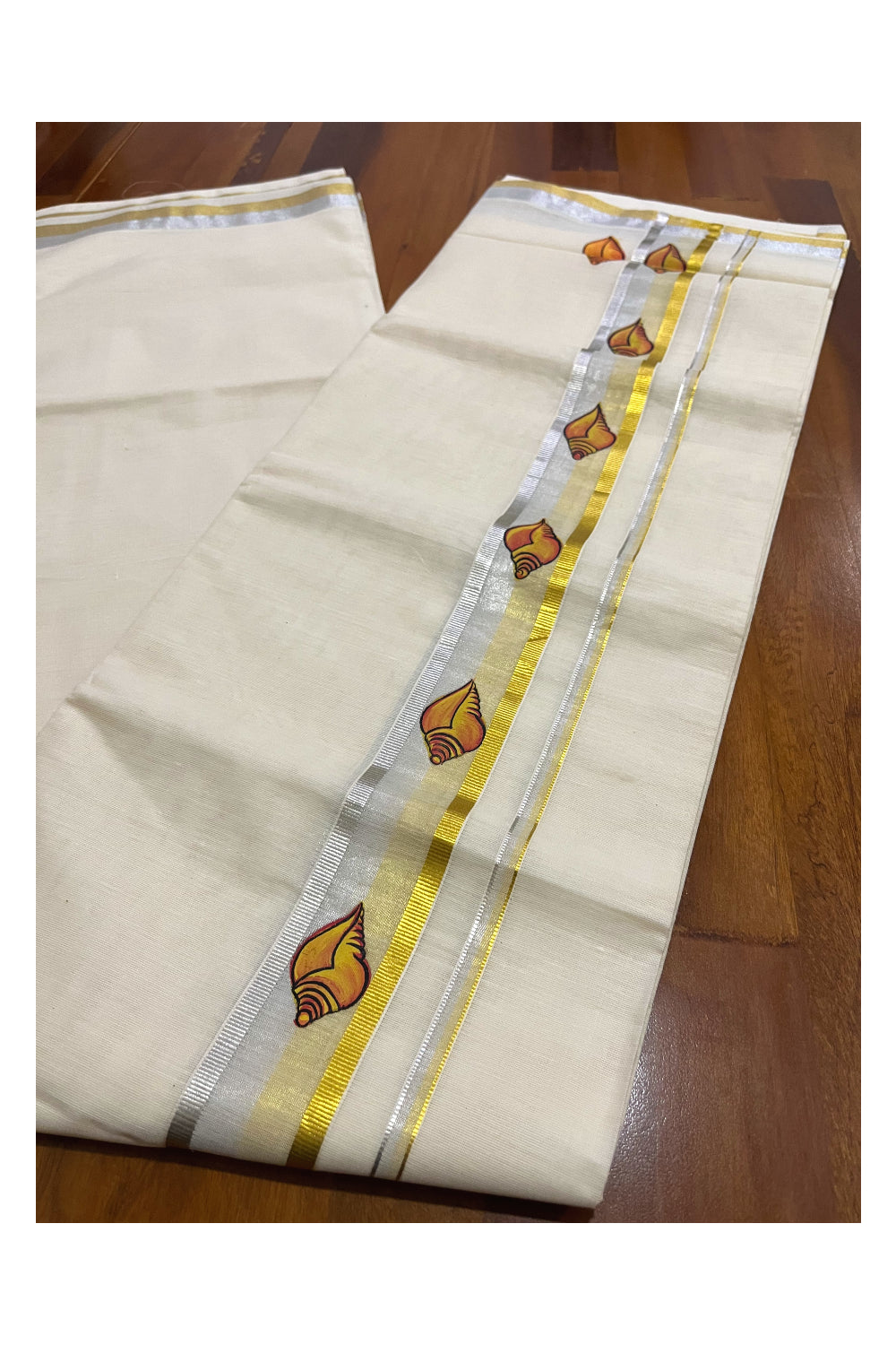 Off White Pure Cotton Double Mundu with Shell Mural Painted Design on Silver and Golden Kasavu Kara (South Indian Dhoti)