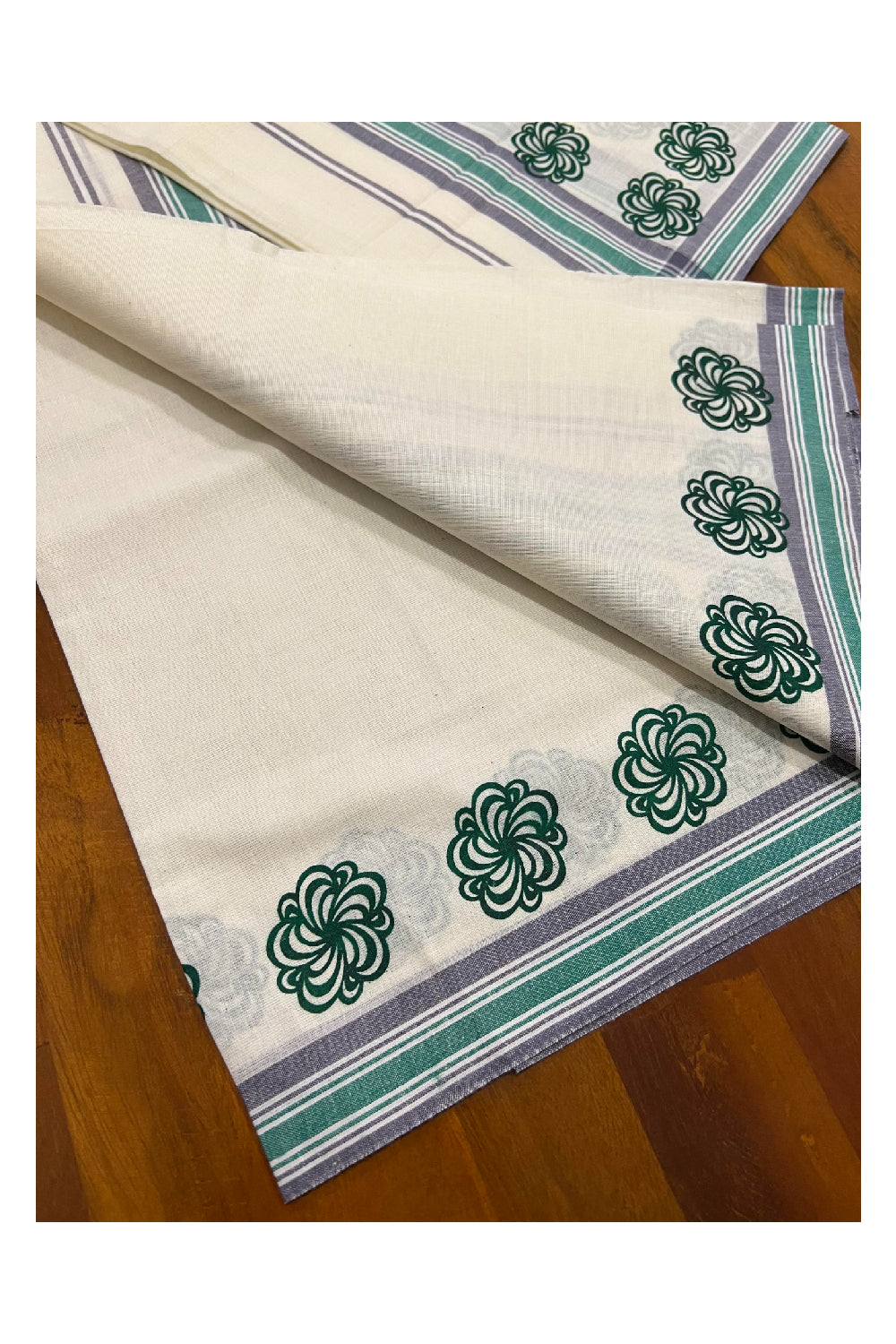 Kerala Cotton Mundum Neriyathum Single (Set Mundu) with Green Block Print and Mulloth Border (Extra Soft Cotton)