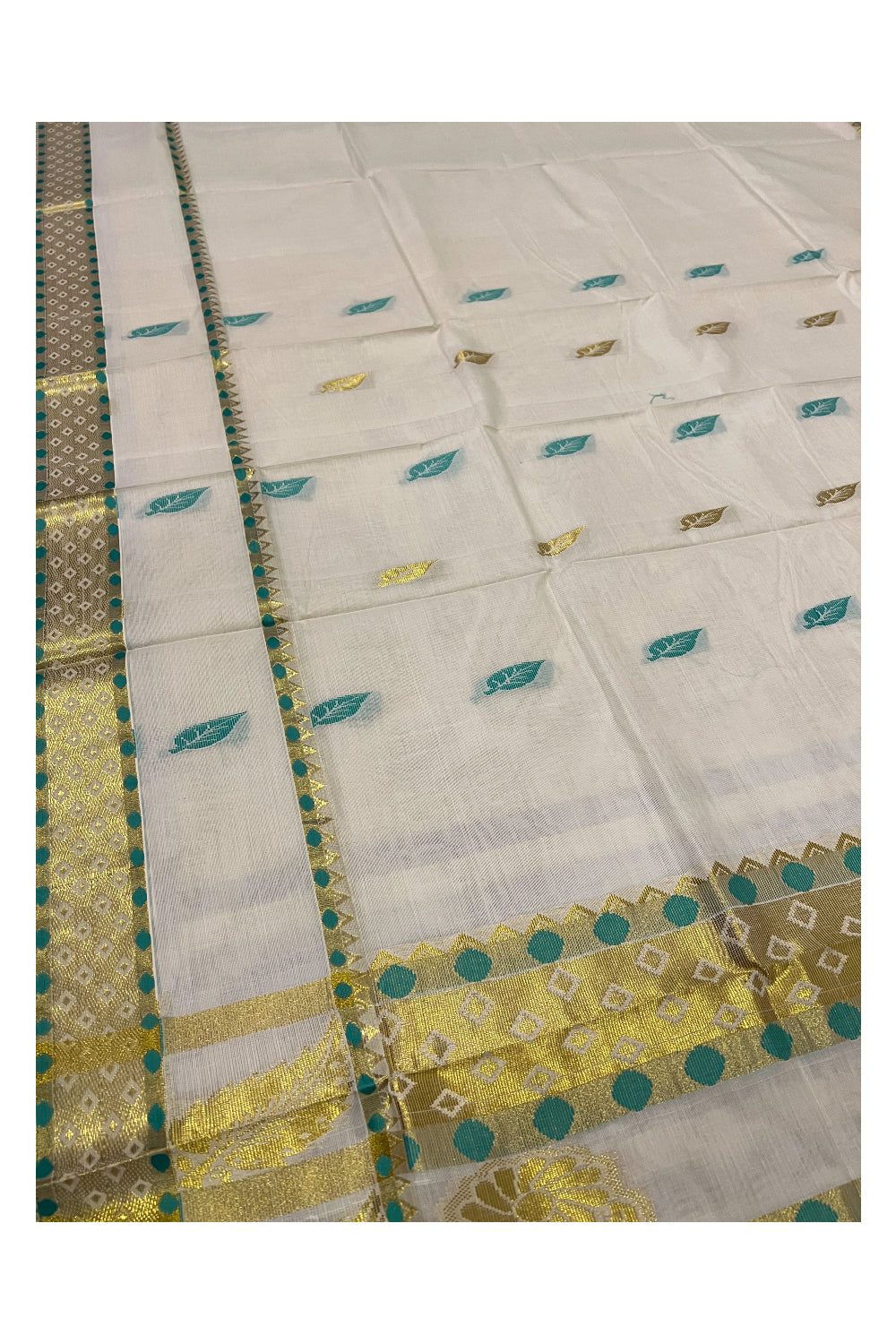 Pure Cotton Kerala Saree with Kasavu and Turquoise Heavy Woven Works