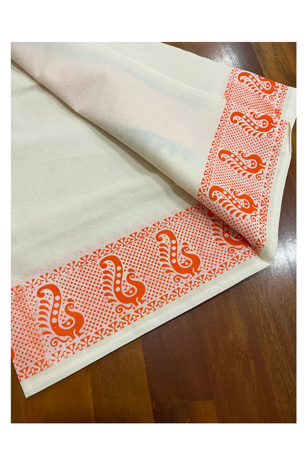 Pure Cotton Single Set Mundu (Mundum Neriyathum Vishu 2023) with Blue Temple Block Prints and Peach Border 2.80 Mtrs