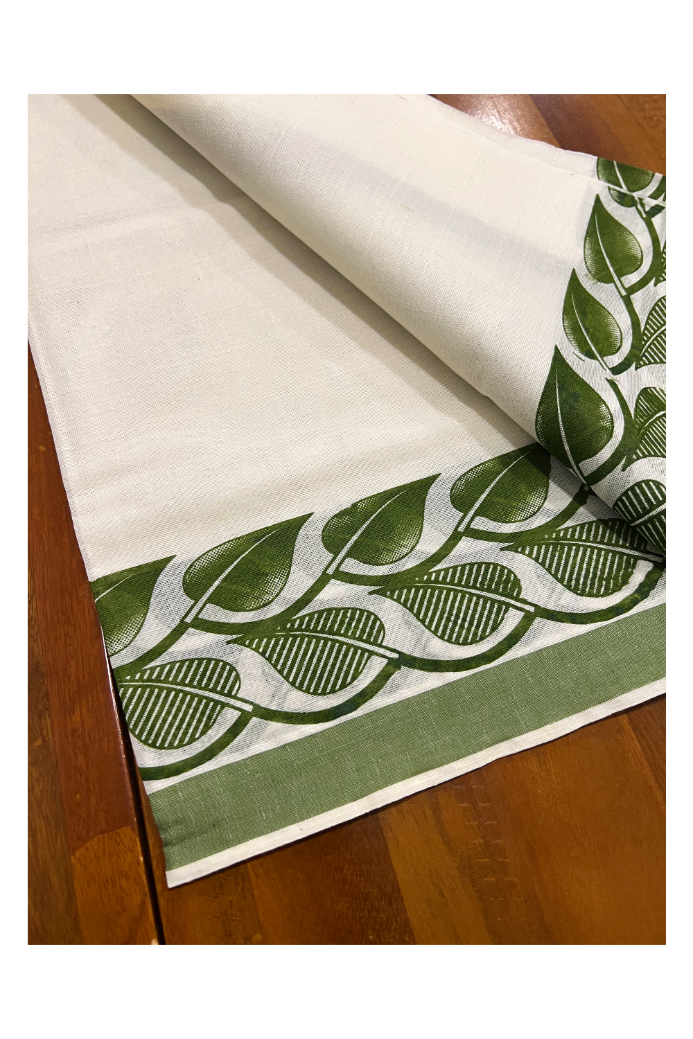 Pure Cotton Kerala Set Mundu (Mundum Neriyathum) with Green Leaf Block Prints on Border