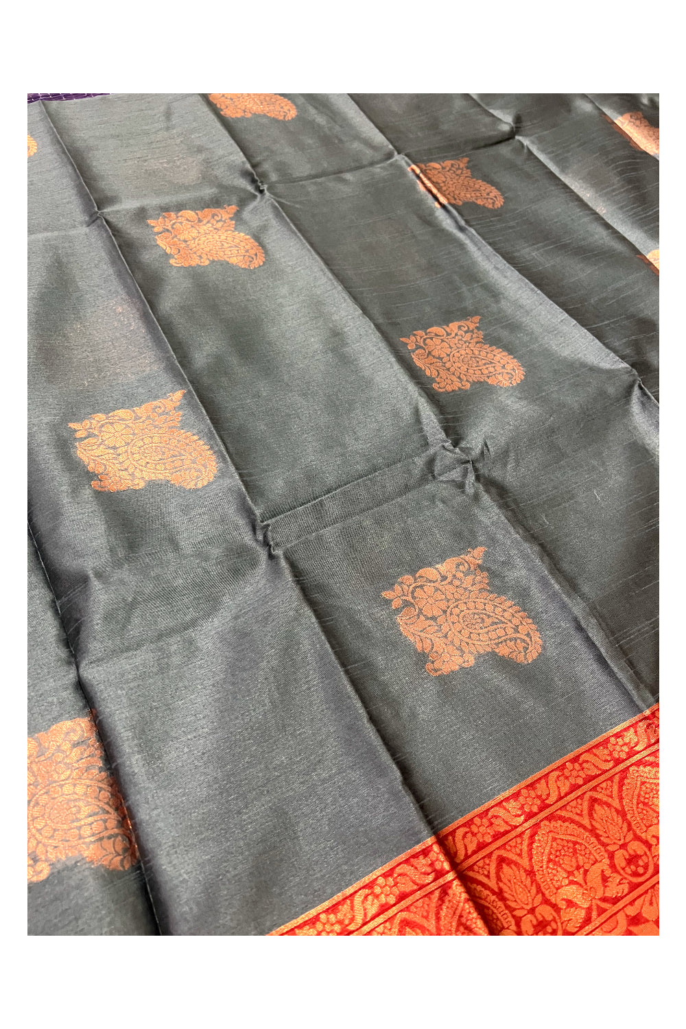 Southloom Grey Semi Silk Designer Saree with Copper Kasavu Woven Works on Body