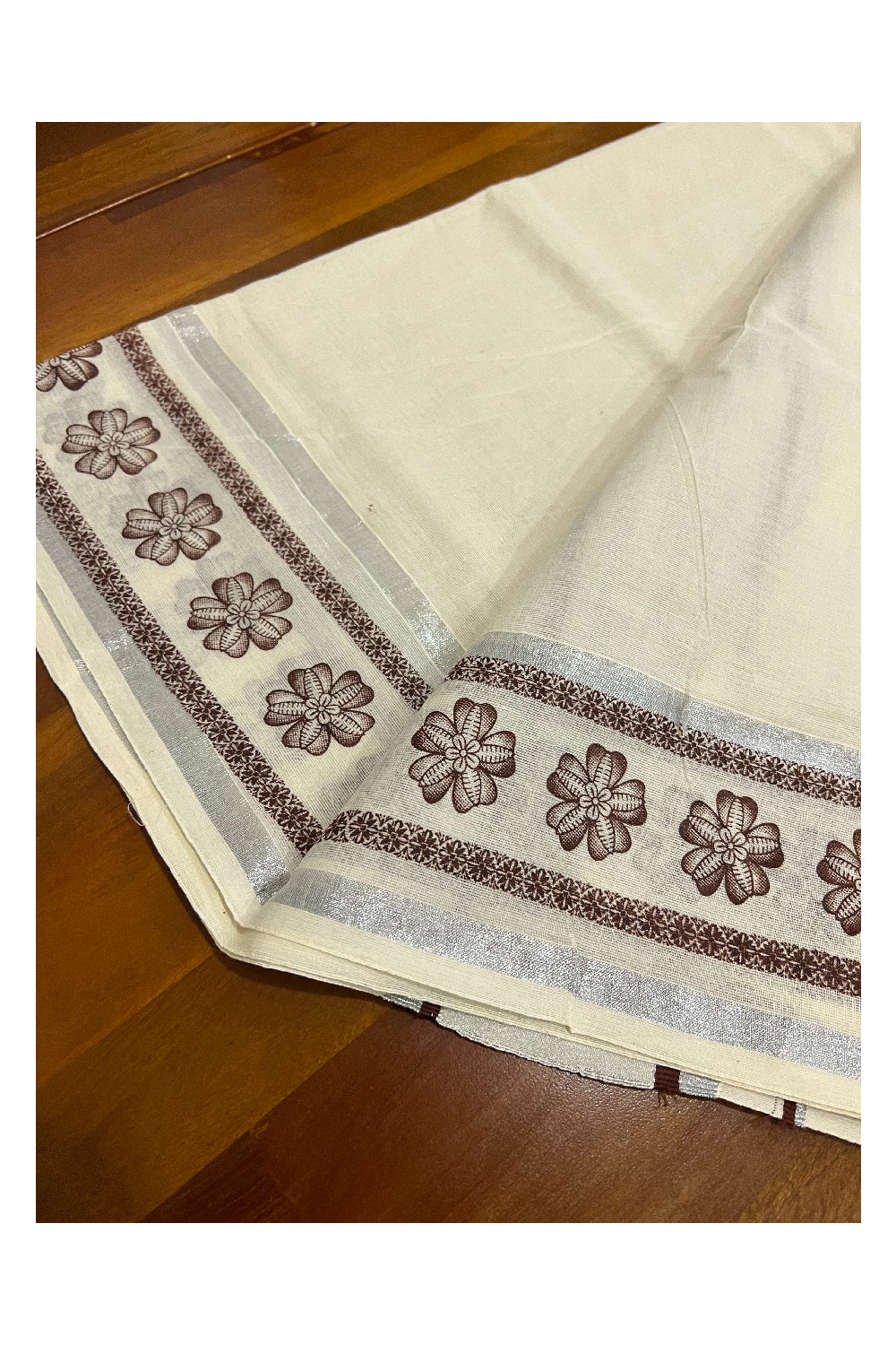 Cotton Silver Kasavu Set Mundu (Mundum Neriyathum) with Brown Floral Block Prints on Border