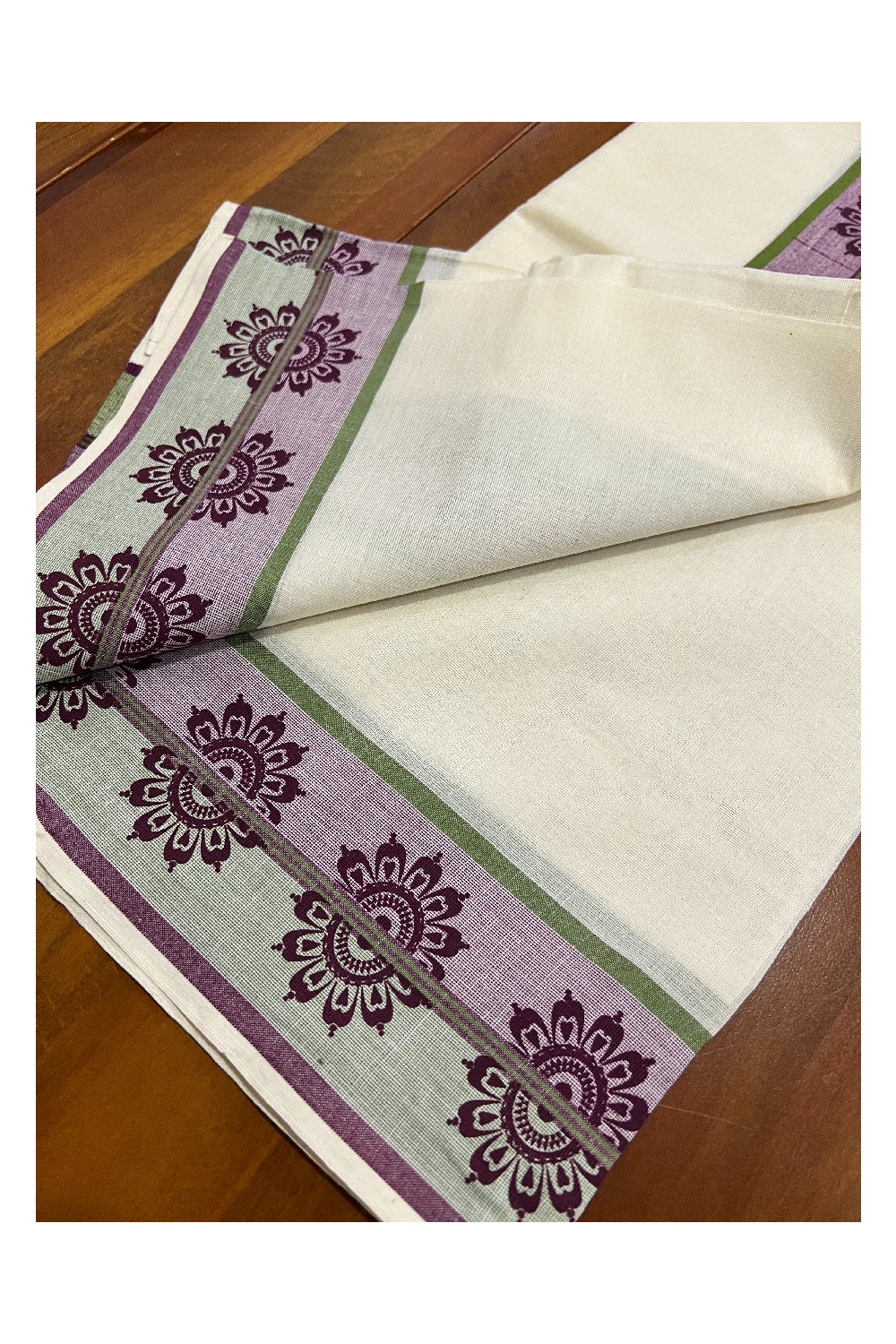 Kerala Cotton Set Mundu (Mundum Neriyathum) with Floral Block Prints on Green and Purple Border