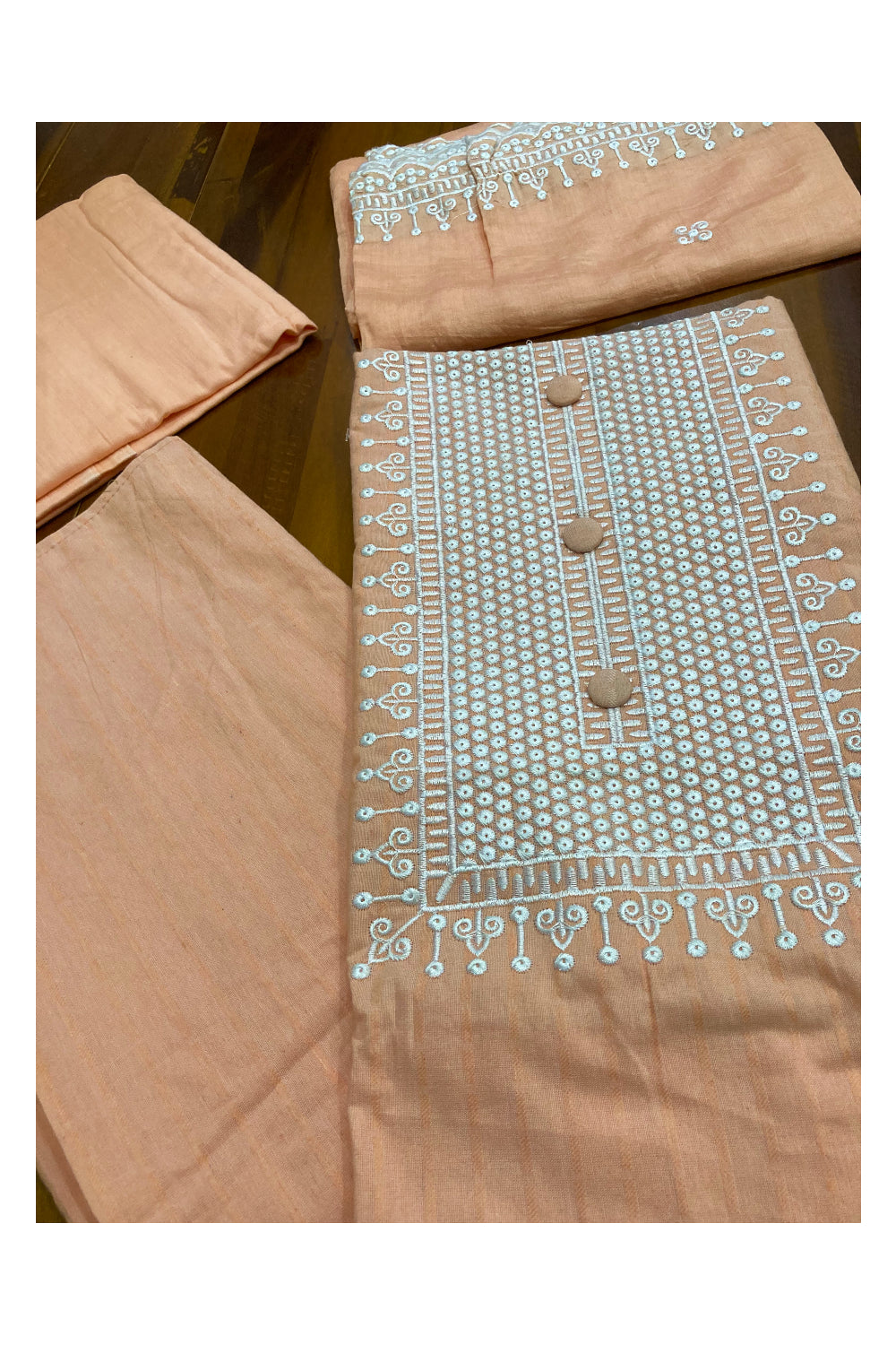 Southloom™ Cotton Churidar Salwar Suit Material in Peach with White Thread work Design