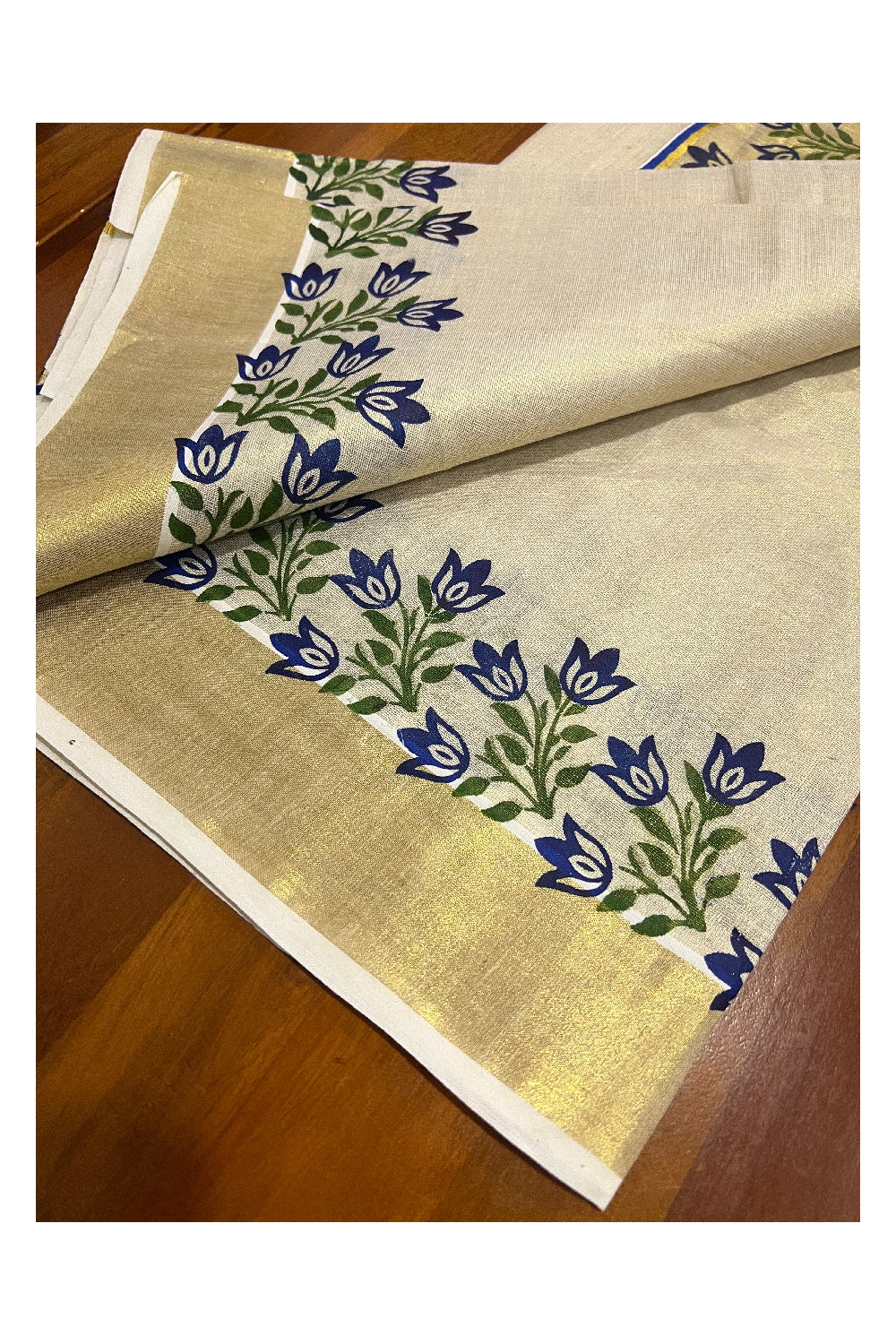 Kerala Tissue Kasavu Set Mundu (Mundum Neriyathum) with Blue Floral Block Prints on Border