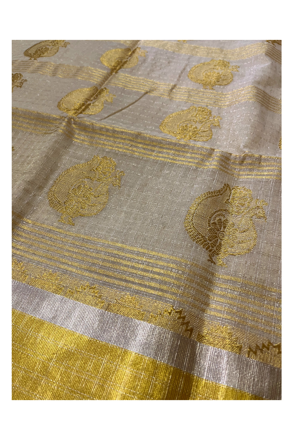 Southloom Premium Handloom Tissue Kasavu Saree with Silver Check Designs Across Body and Heavy Woven Works