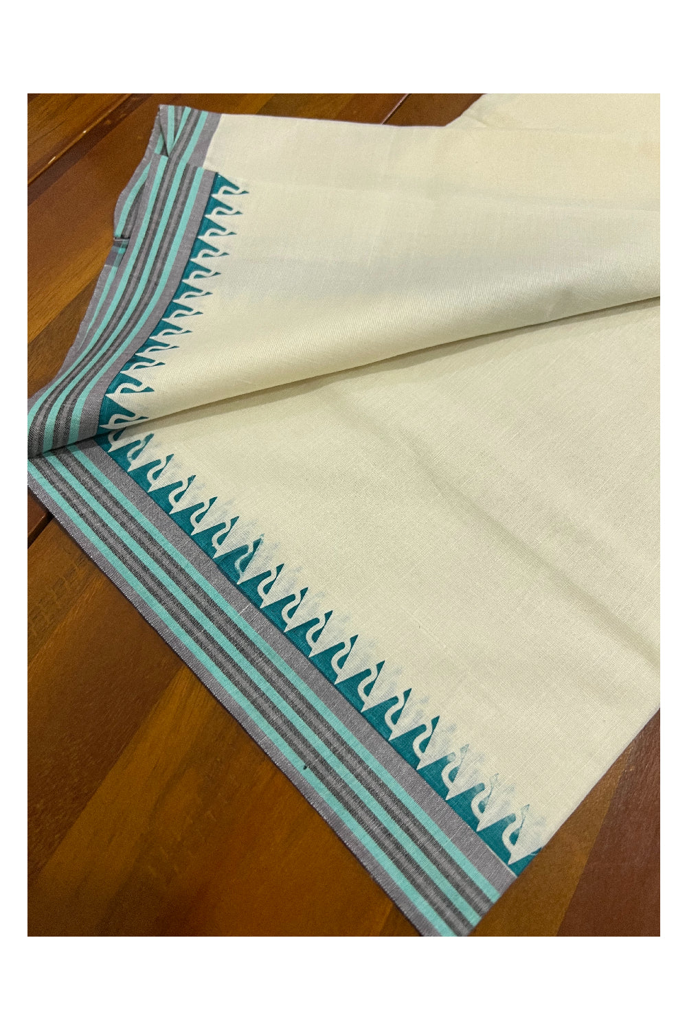 Kerala Cotton Mulloth Mundum Neriyathum Single (Set Mundu) with Green Temple Block Prints on Border (Extra Soft Cotton)