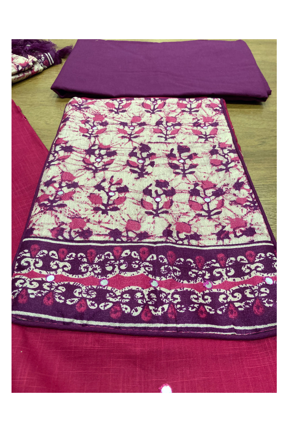 Southloom™ Cotton Churidar Salwar Suit Material in Magenta and Printed Mirror Work on Yoke Portion