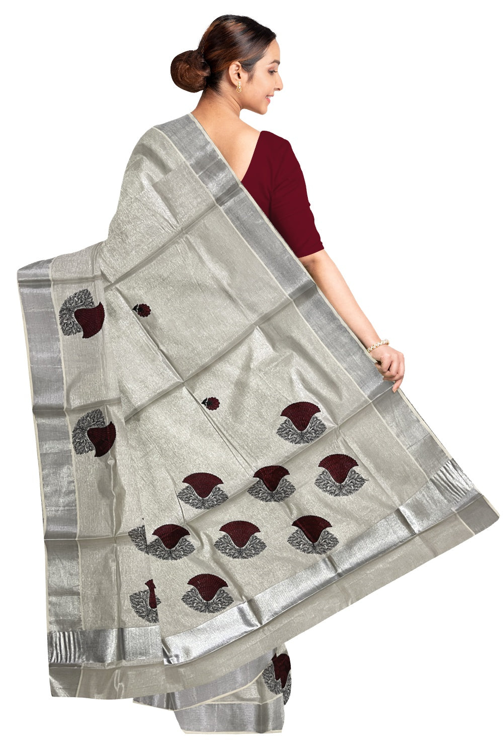 Kerala Silver Tissue Kasavu Saree with Maroon Floral Embroidery Design