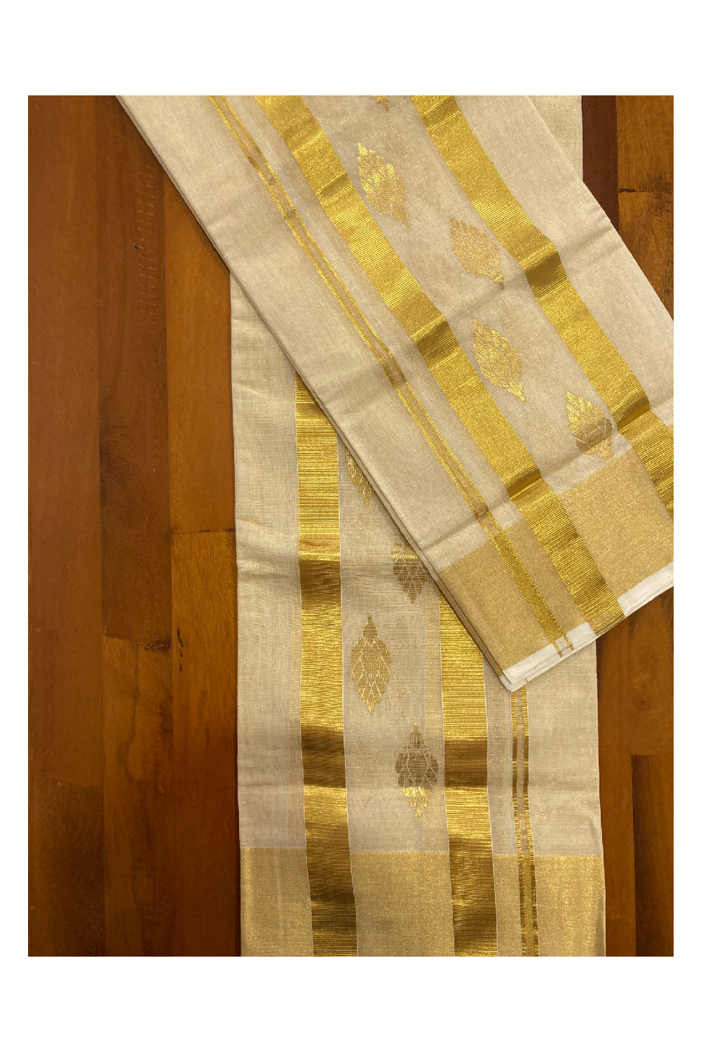 Southloom Handloom Tissue Kasavu Premium Set Mundu with Butta Work Across Border (2.80 m)