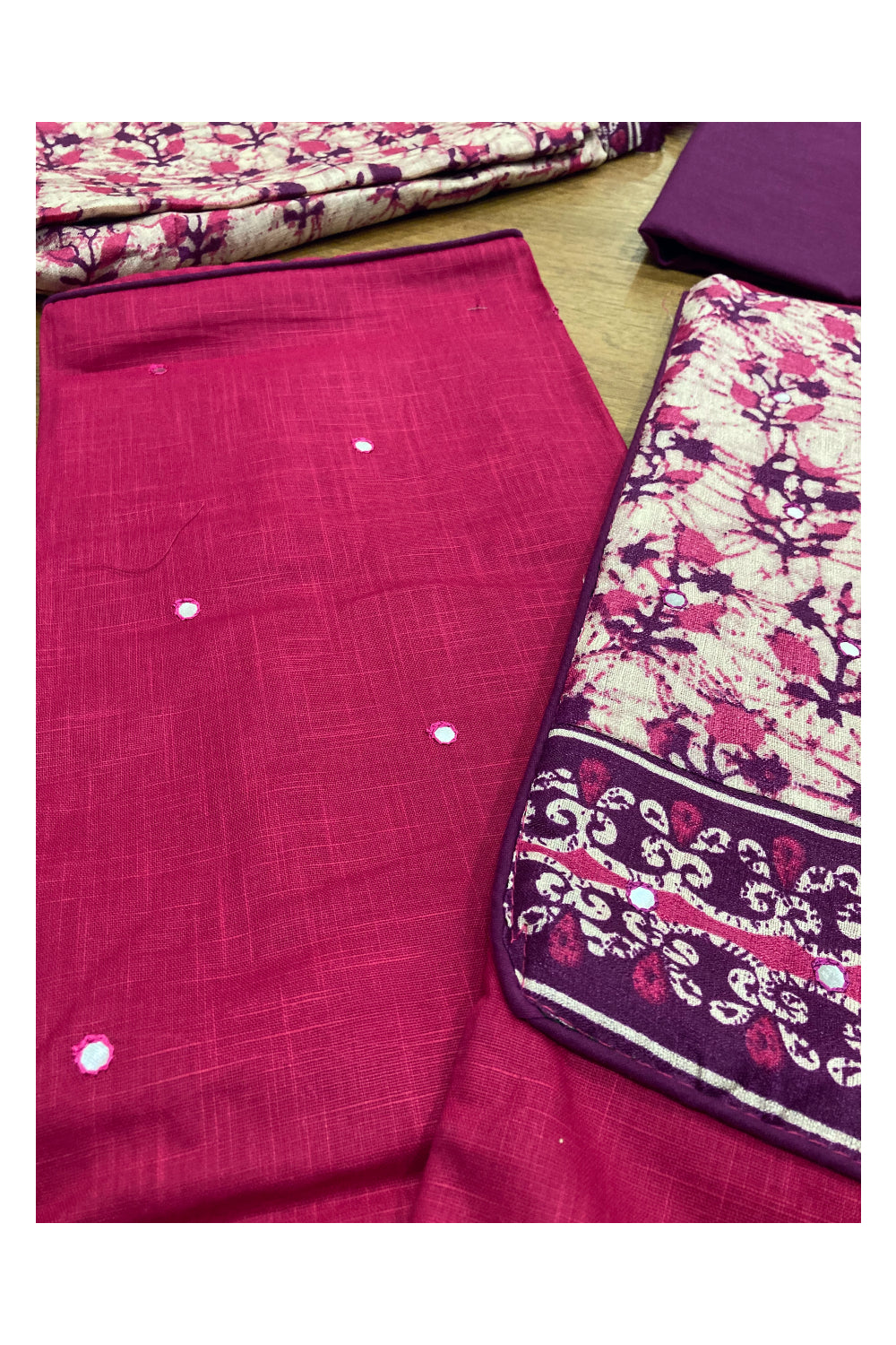 Southloom™ Cotton Churidar Salwar Suit Material in Magenta and Printed Mirror Work on Yoke Portion