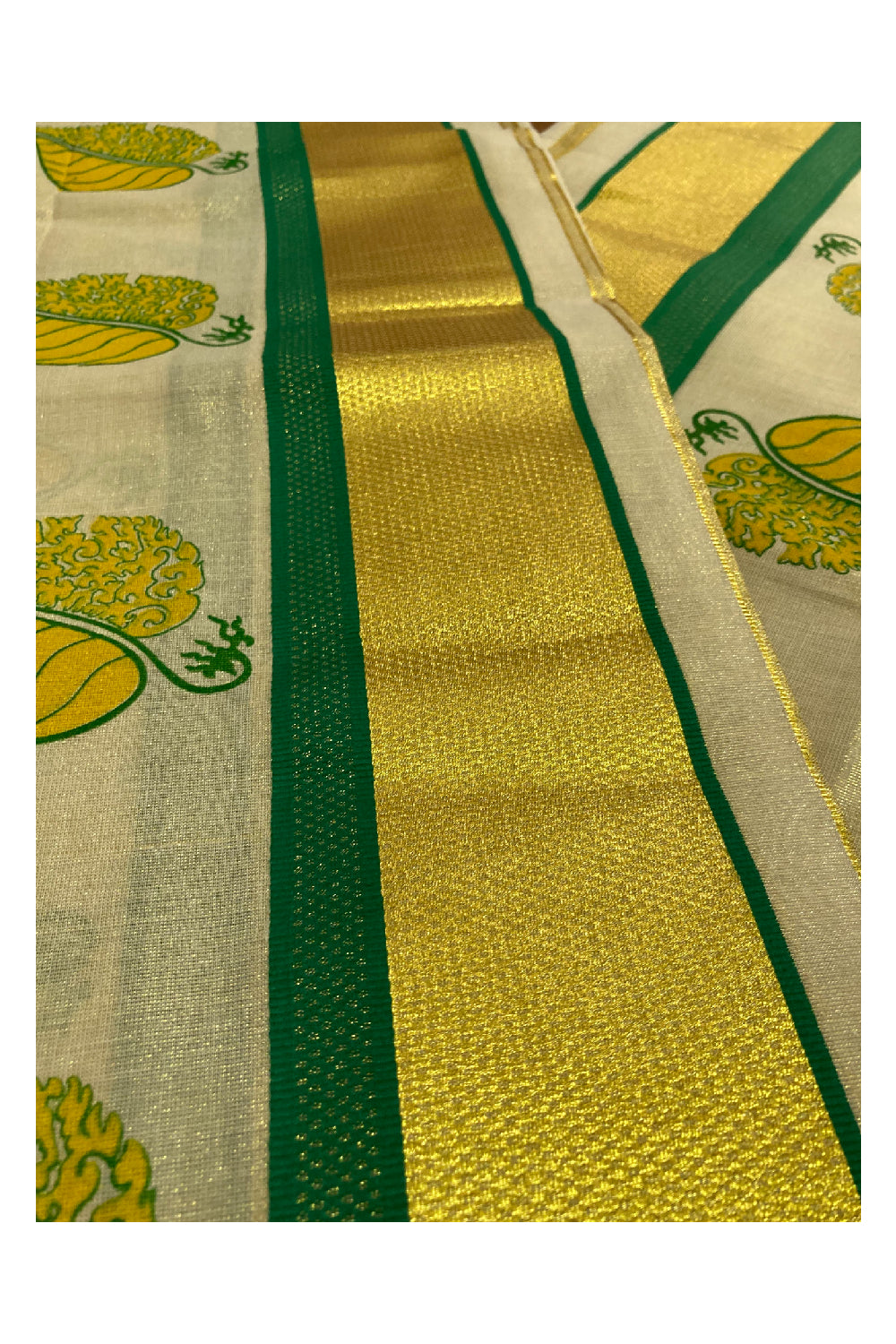 Tissue Set Mundu with Hand Block Printed Green and Yellow Leaf Design