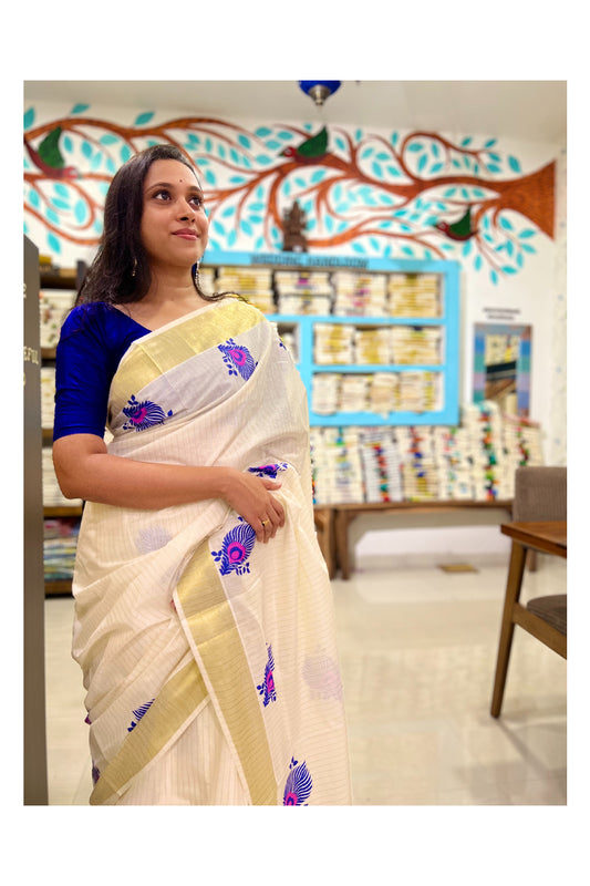 Pure Cotton Kerala Kasavu Lines Saree with Blue and Magenta Block Prints on Border
