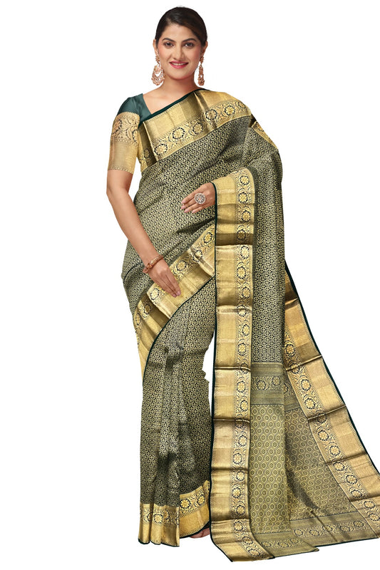 Southloom Double Warp Handloom Pure Silk Kanchipuram Dark Green Manthrakodi Saree with Kasavu Woven Works
