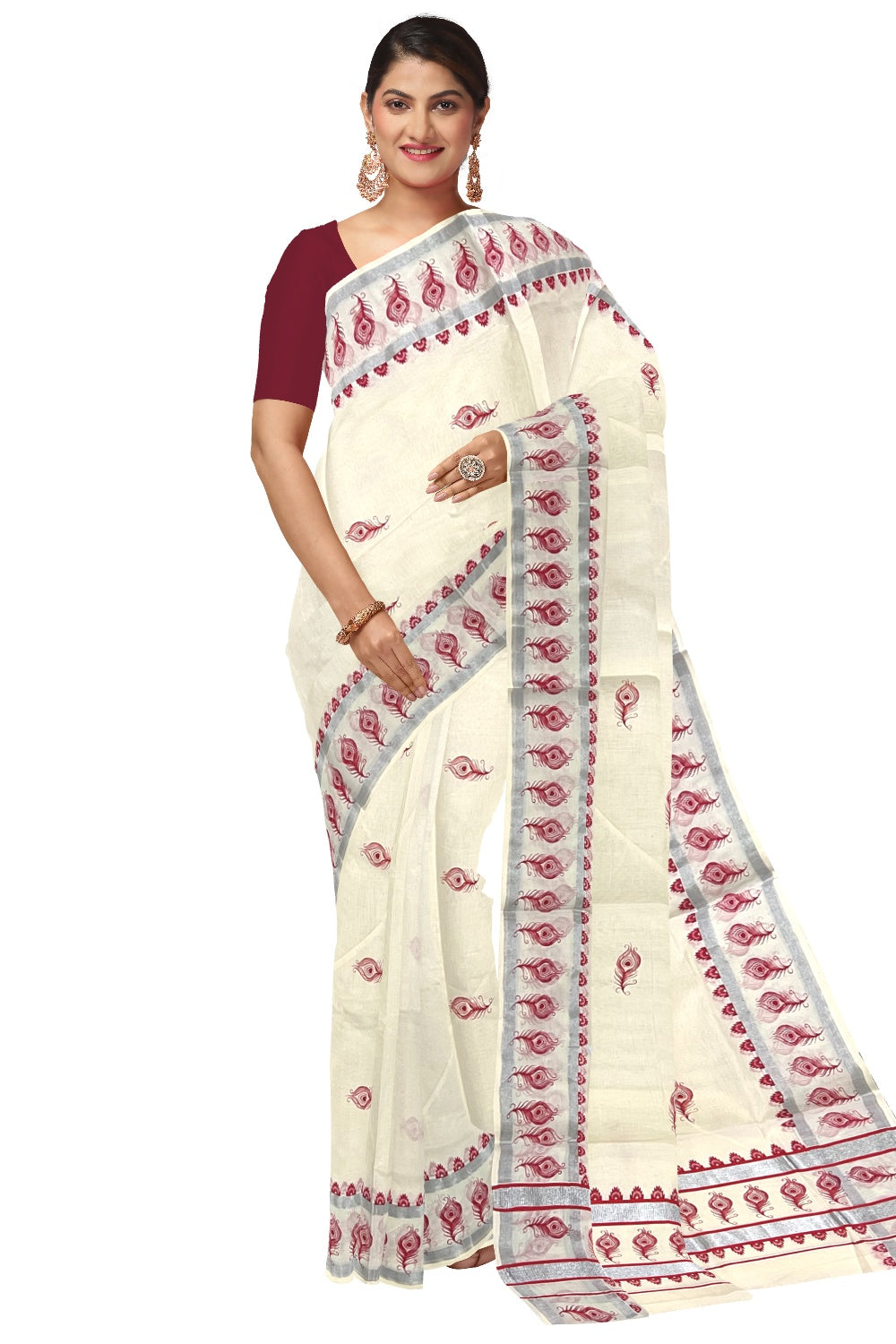 Pure Cotton Kerala Saree with Silver Kasavu Red Feather Block Prints on Border and Tassels Works