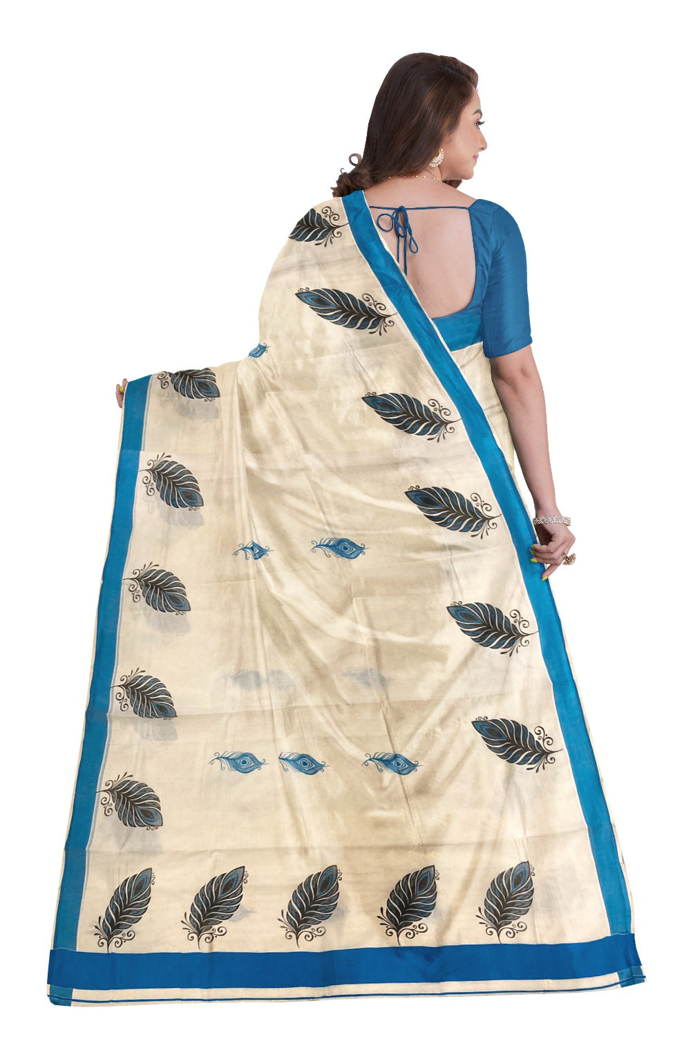 Pure Cotton Kerala Saree with Feather Block Printed Design and Blue Border